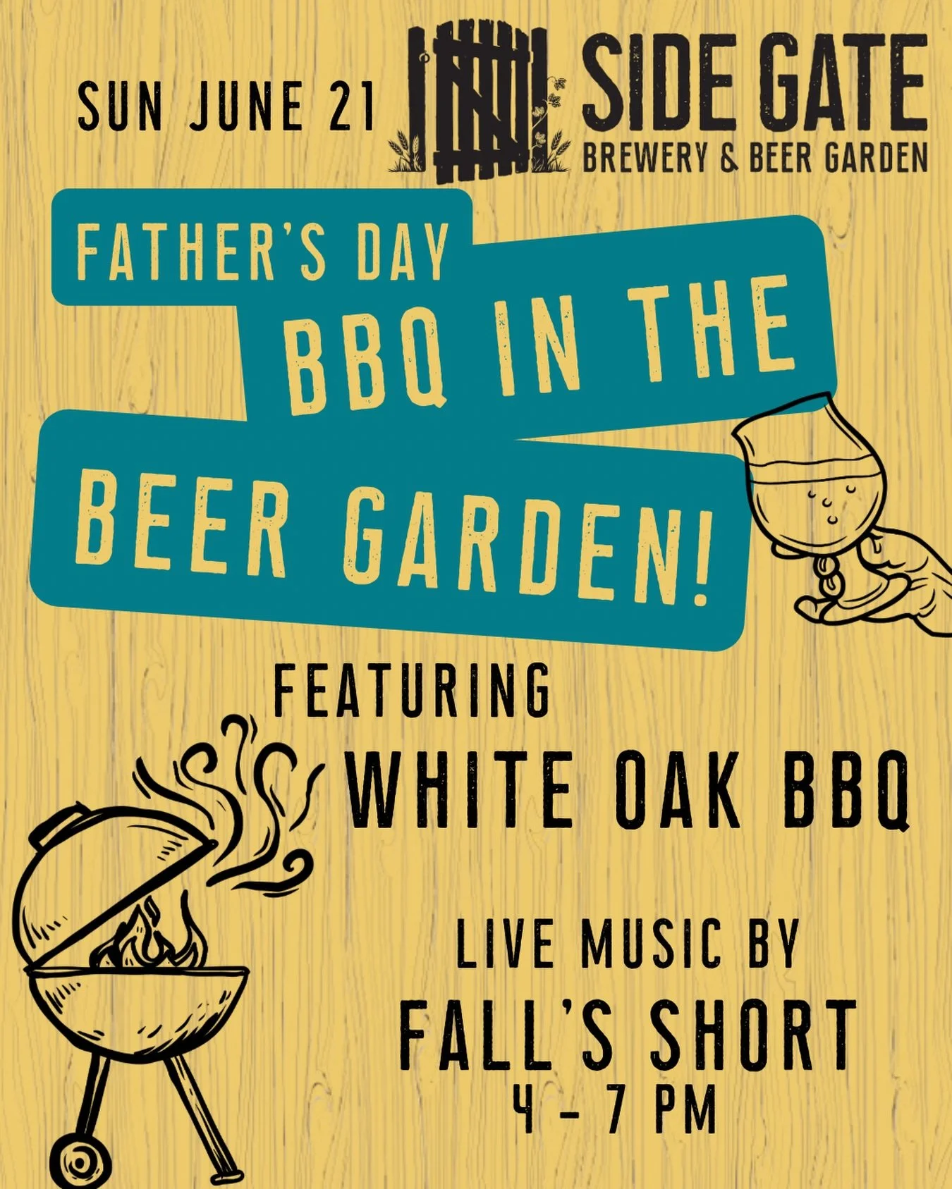 Getting your fathers day weekend plans ready? Come by Side Gate for our annual BBQ in the Beer Garden! Stop by to grab some mouth watering, delicious BBQ from White Oak and stay for the live music by Fall&rsquo;s Short! The weather should be wonderfu