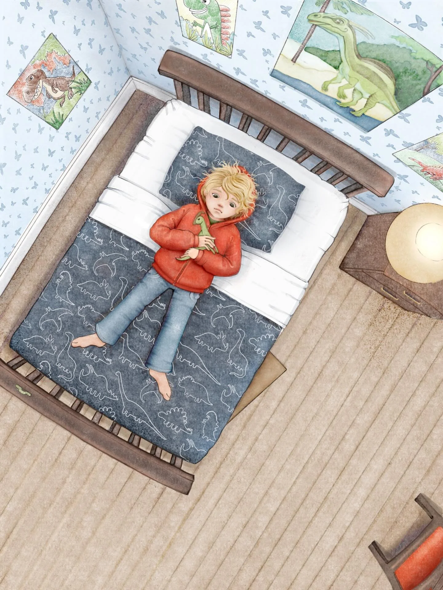 An insta crop (really messes with the composition!) of what I think is my favourite illustration from The Boy Who Lost His Laugh by @dimityspowell  and @ekbooksforkids. See? I love a bed seen from above illustration 😂. 
#australianillustrator #pictu