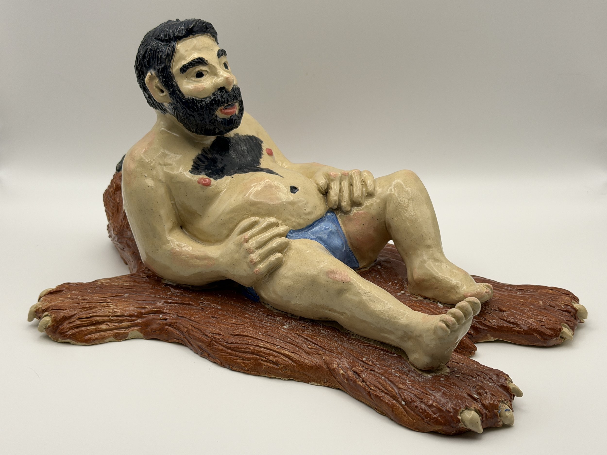 BEAR ON BEAR SKIN RUG, glazed ceramic, 4" x 8" x 6", 2017