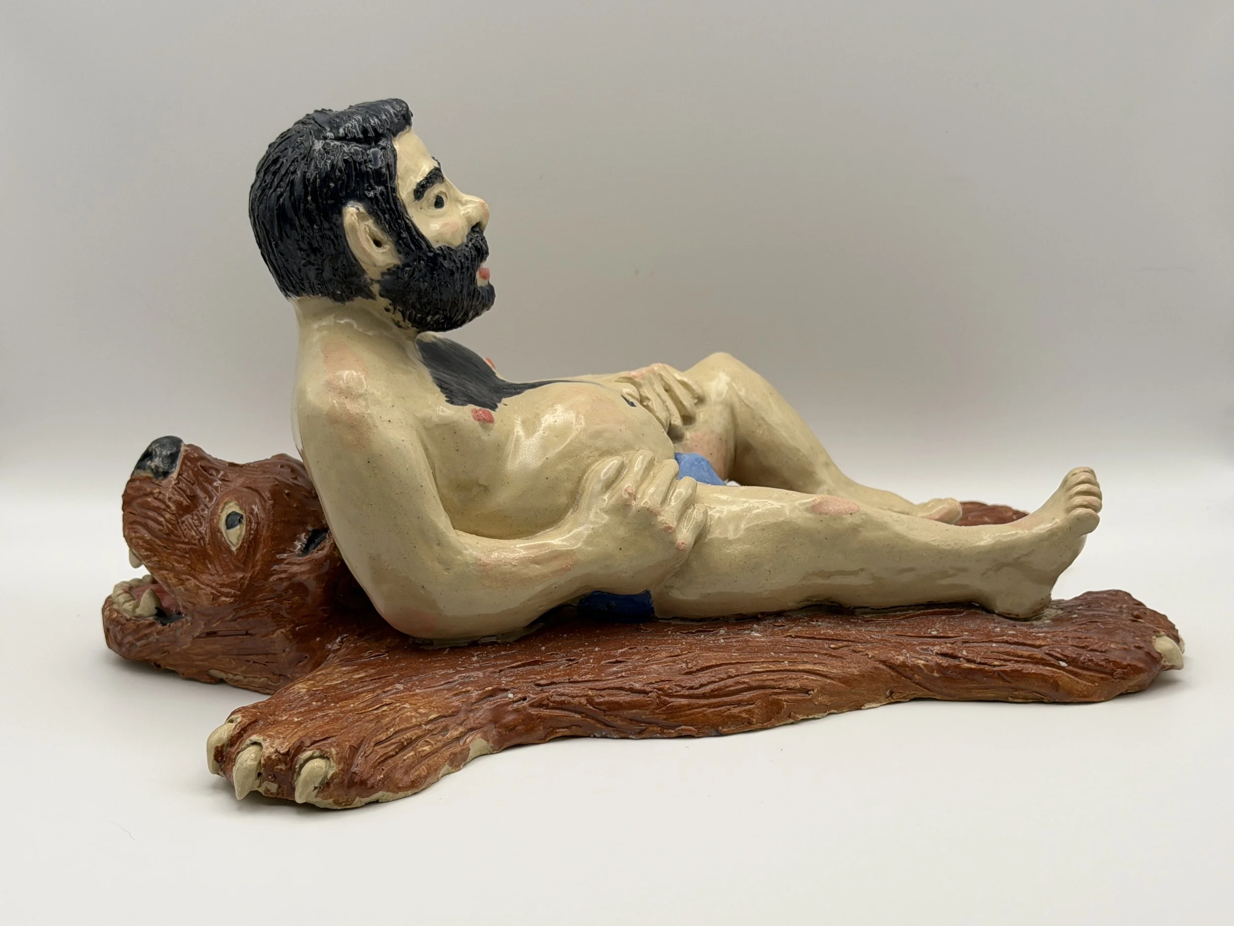 BEAR ON BEAR SKIN RUG, glazed ceramic, 4" x 8" x 6", 2017