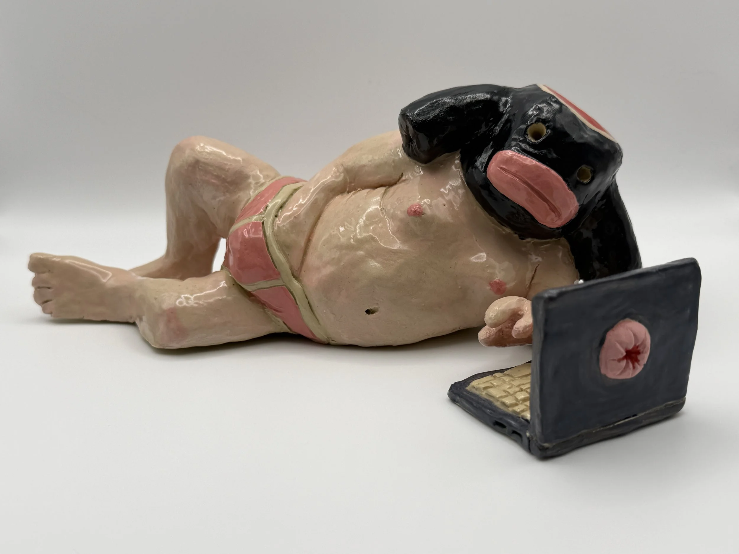 PRAYER RITUAL WITH GIMP MASK, glazed ceramic, 4" x 8" x 6", 2016