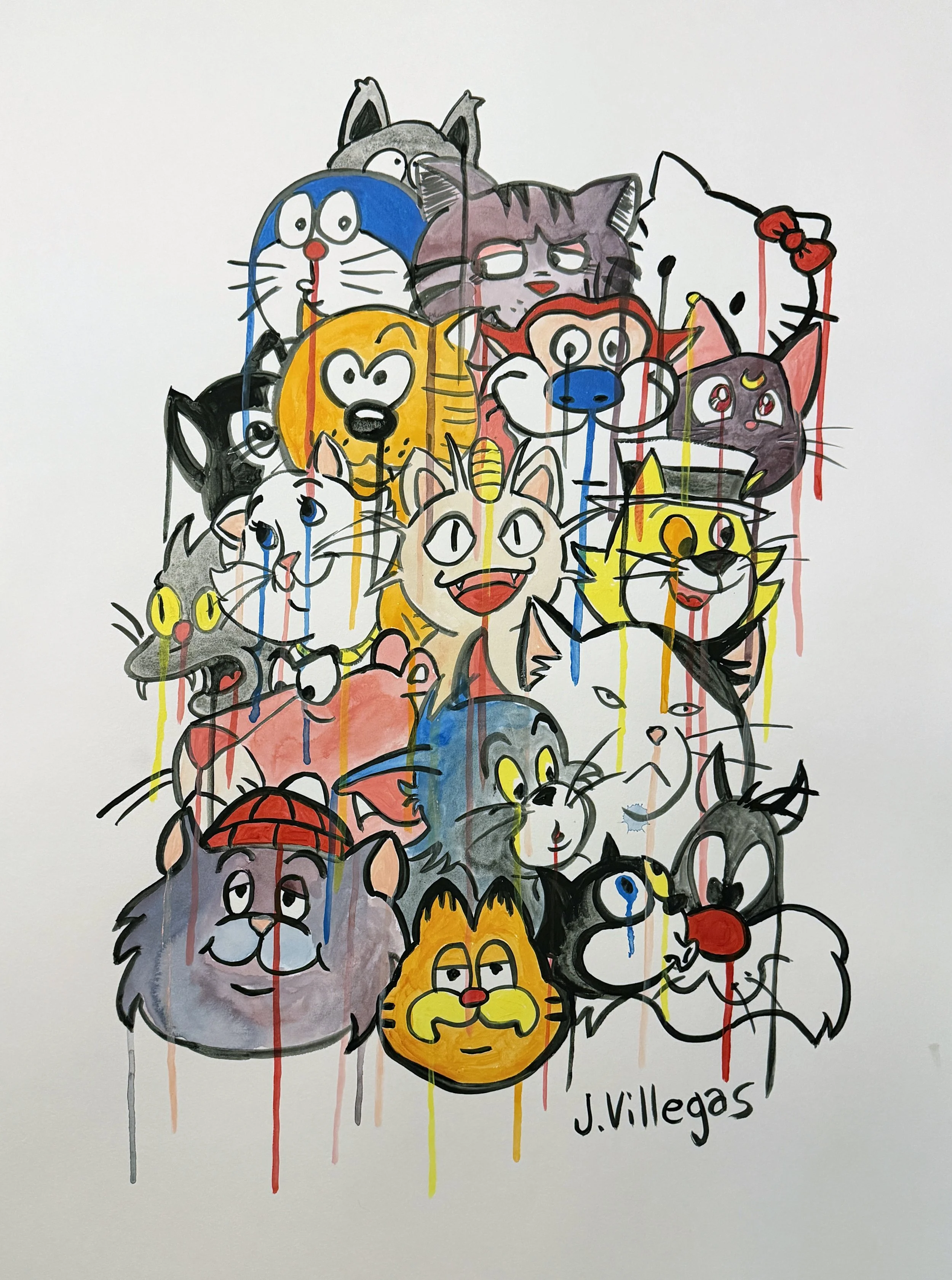 CARTOON CAT PILE, acrylic on paper, 32" x 24", 2026