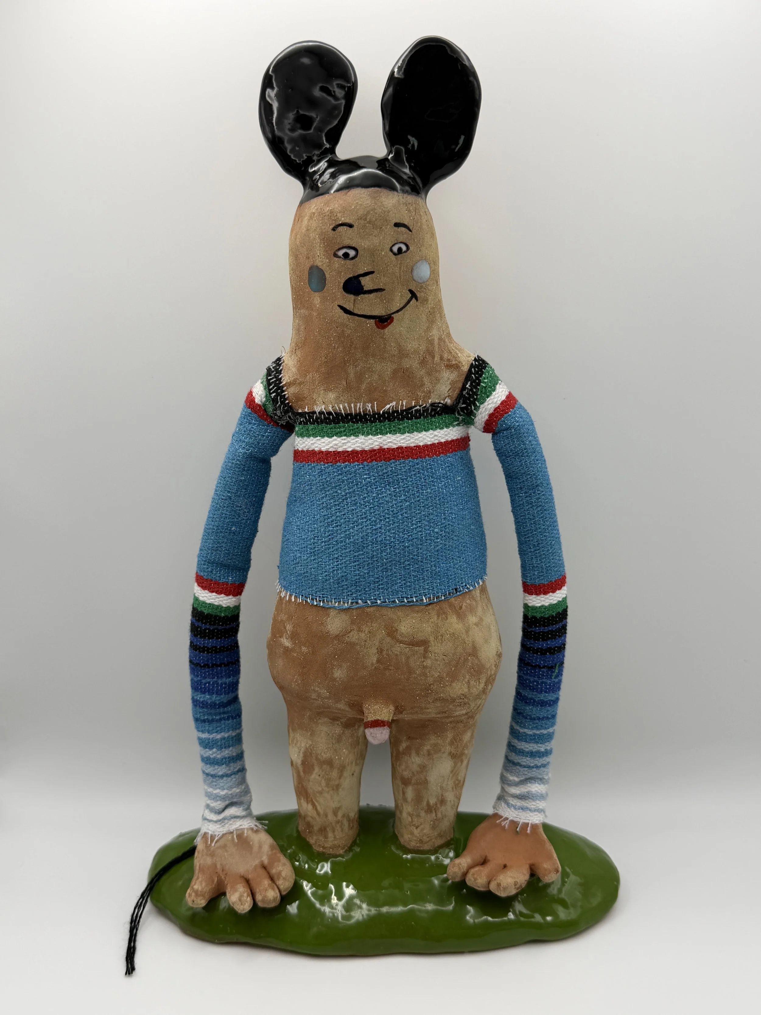 SOY UN ADULTO (I am an adult), glazed ceramic, sarape fabric) 14" x 6" x 3", 2026