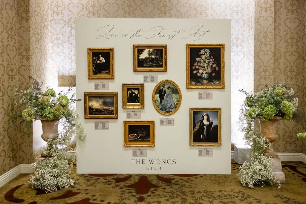 When art lovers get married &gt; 🎨✨🖼️ This gallery wall was magical to create! We showcased the happy couples&rsquo; favorite works of art for their guests to enjoy 🤎⁠
⁠
VENDOR DREAM TEAM:⁠
Wedding Planner: @shealindsayevents⁠
Venue + Catering + B
