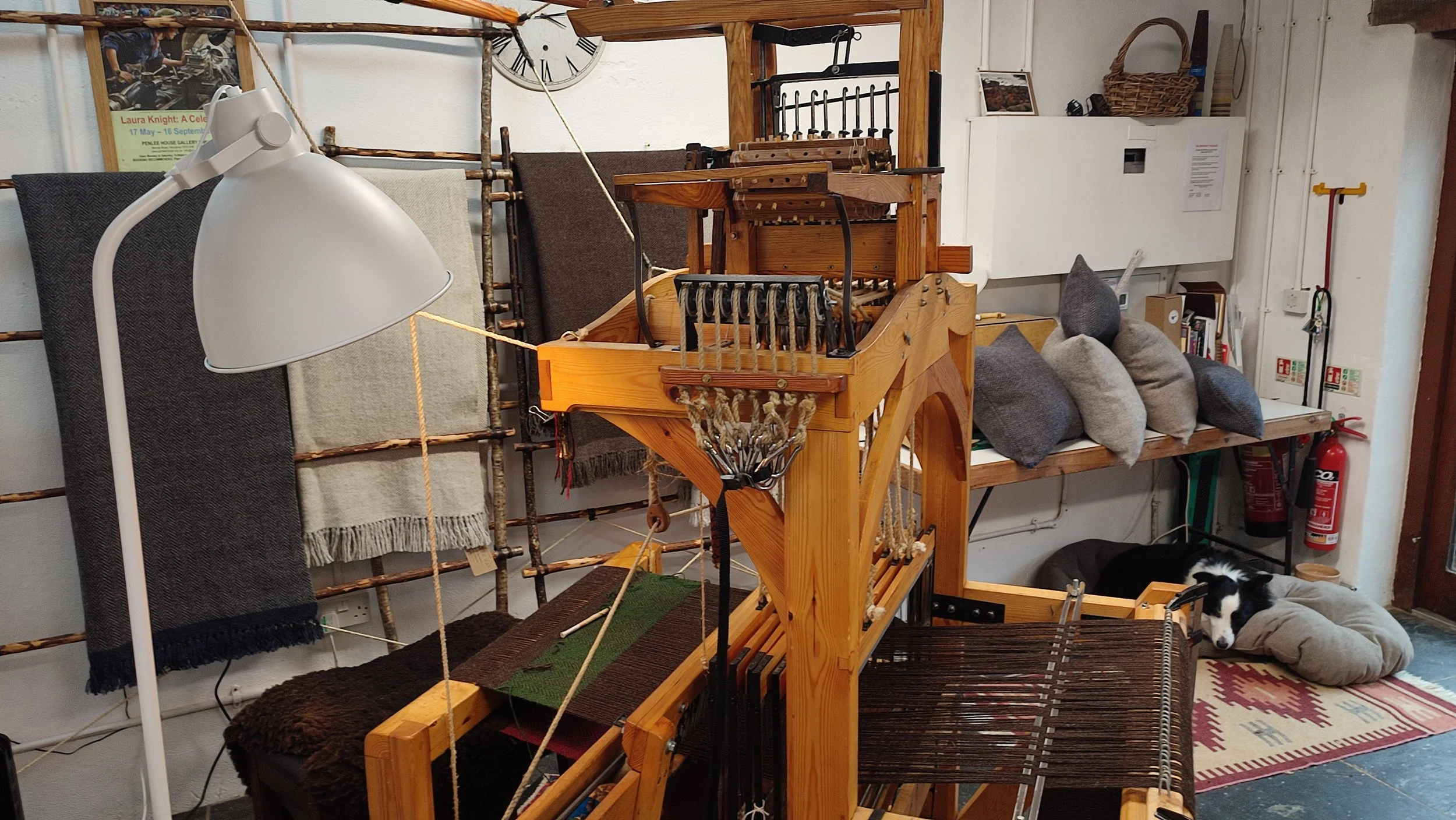 Weaver Rae Woodpecker on the loom and Bran sleeping.jpg