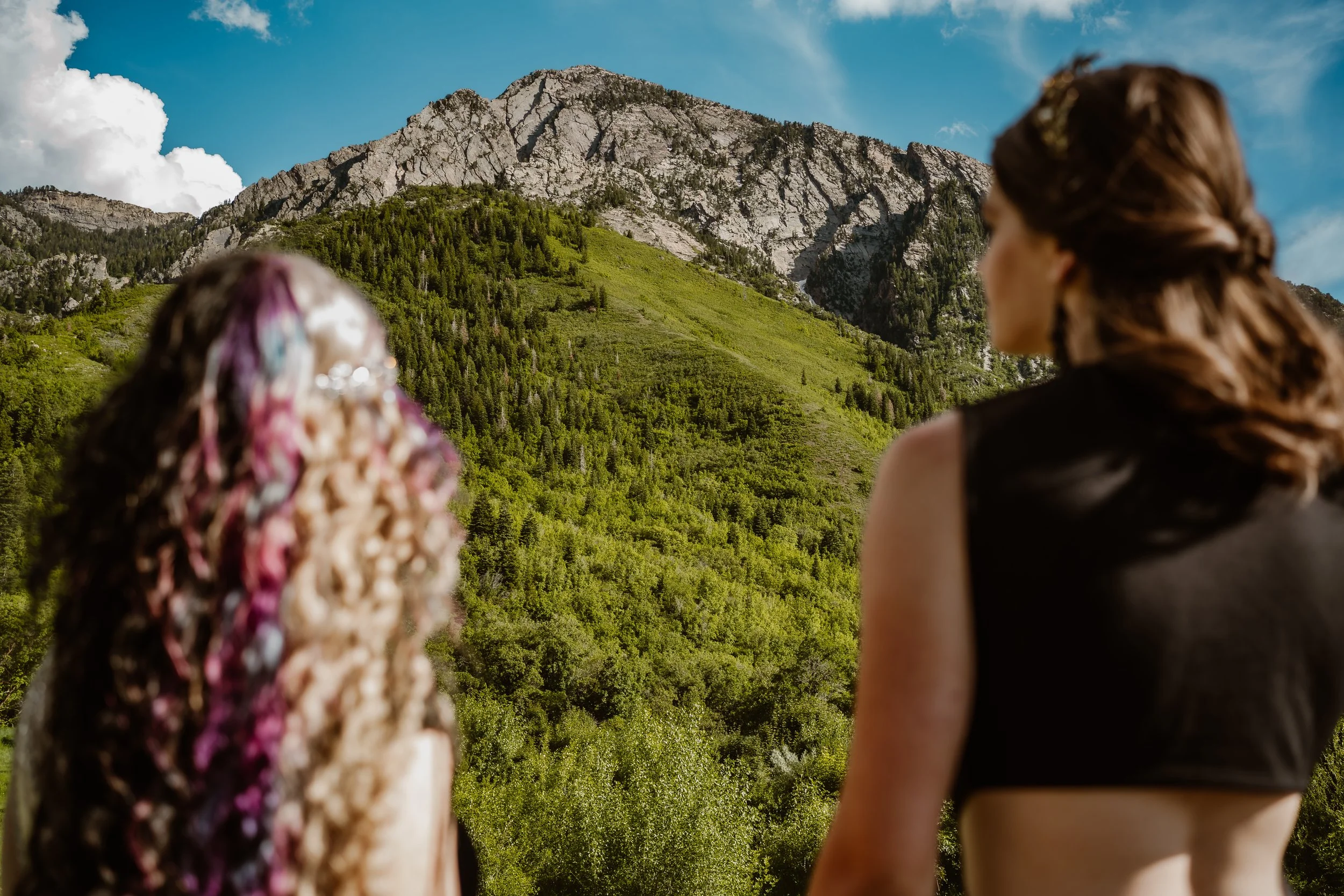 Couple looking out over mountain range on elopement day