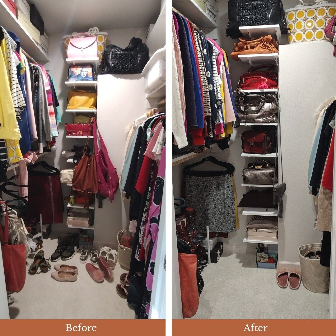 Look at this before and after from the closet of one of our own organizers, Tiffany!

Tiffany doesn't have the biggest closet, so she has to switch things out for each season. We love how she makes the most of this small space and keeps things tidy.
