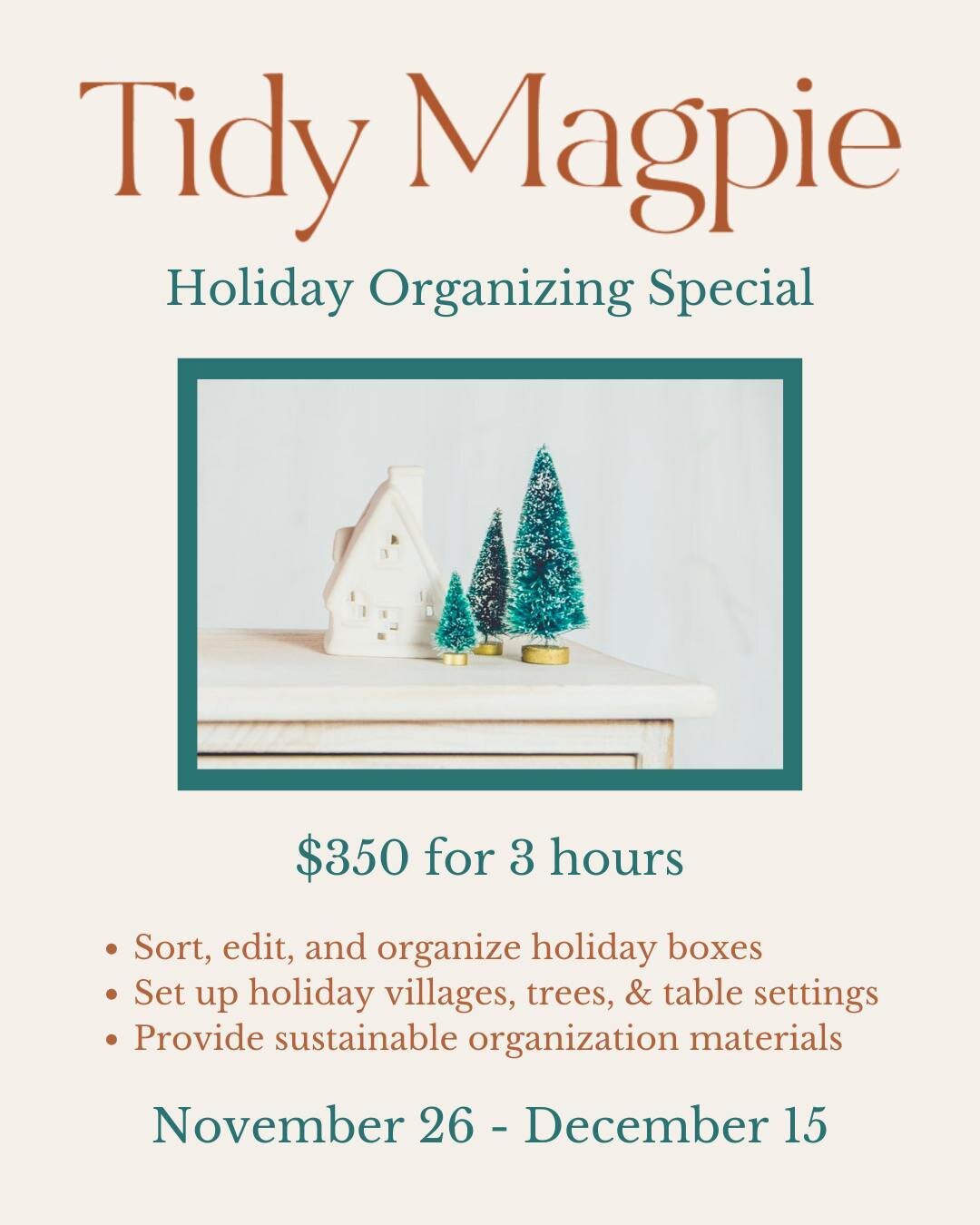 Are you overwhelmed thinking about holiday decorations? Ready to take this task off your plate? The Tidy Magpie is here to help! 💪

Let US get your holiday supplies organized now. Whether it&rsquo;s ornaments, wreaths, or your vast collection of nut