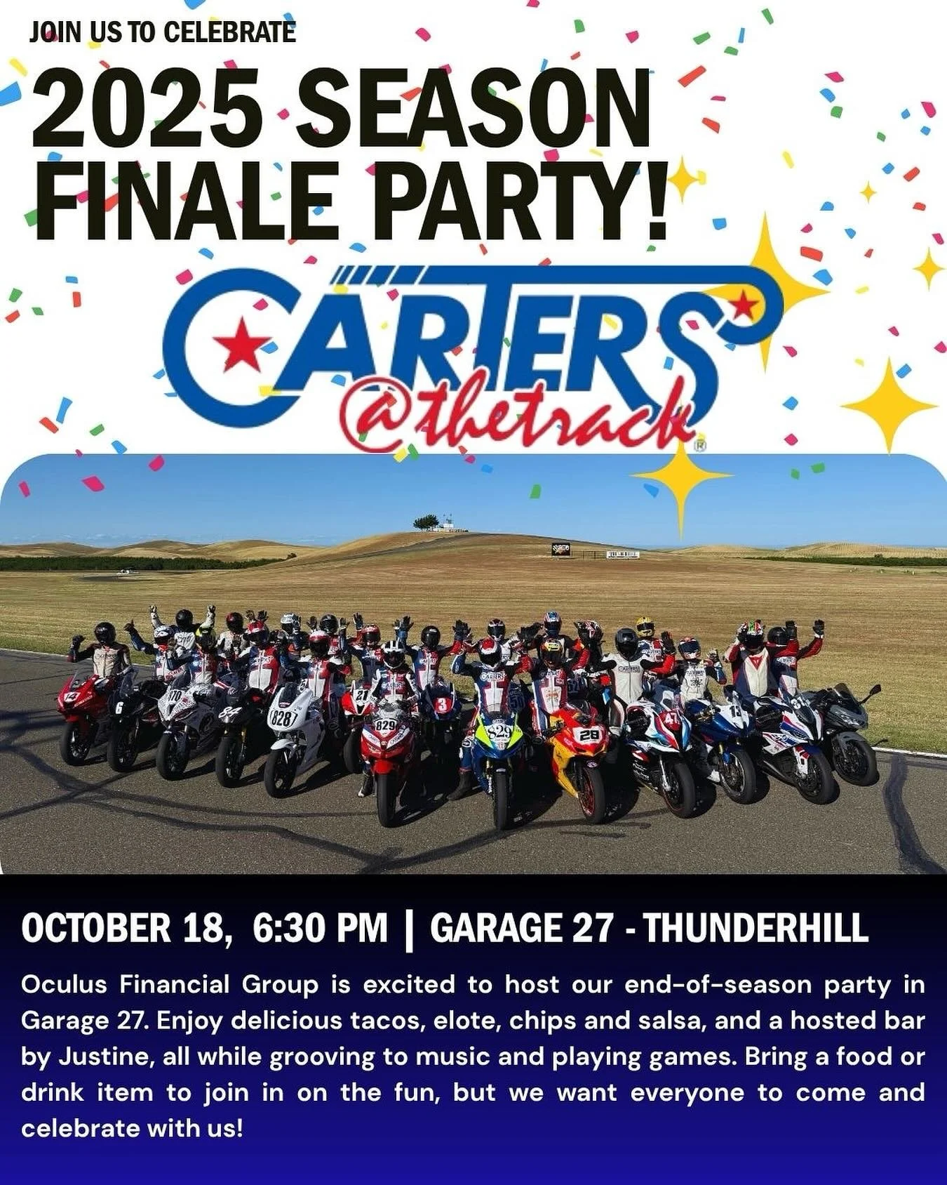 Be part of the 2025 Season Finale celebration with us this weekend Oct 18, 2025 @thunderhillracewaypark Oculus Financial Group @ofg_success is hosting the end-of-season party in Garage 27. Delight in tasty tacos, elote, chips and salsa, and enjoy a h
