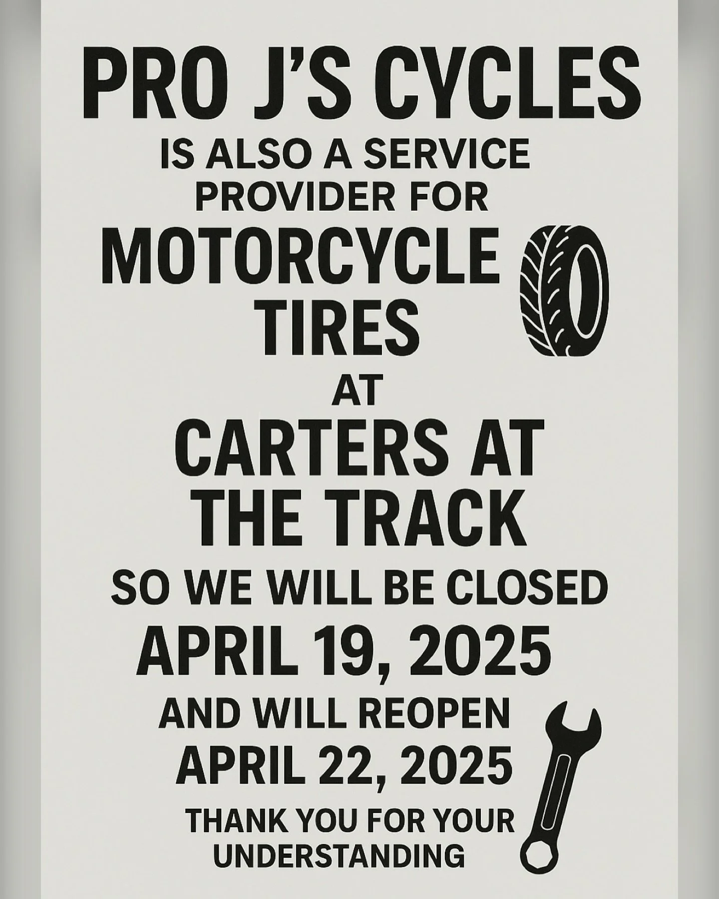 Pro J&rsquo;s Cycles is more than just your average motorcycle shop. We also offer tire services @cartersatthetrack If you find that our shop is closed, it&rsquo;s because we&rsquo;ll be at the track and/or racing. 
Please note that we will be closed