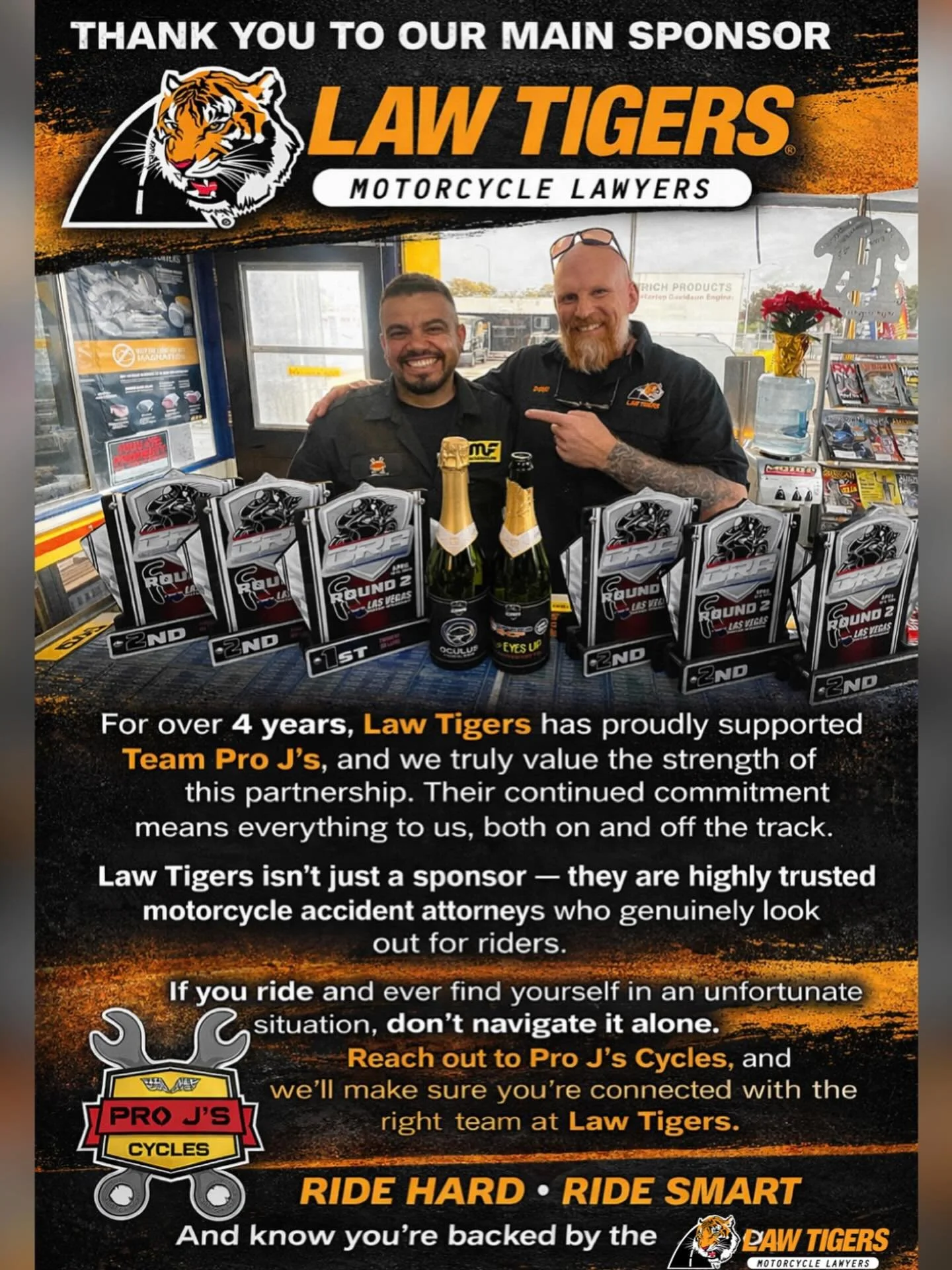 We want to give a huge thank you to our main sponsor @lawtigersnorcal 🐅

For over 4 years, Law Tigers has proudly supported Team Pro J&rsquo;s Racing, and we truly value the strength of this partnership. Their continued commitment means everything t