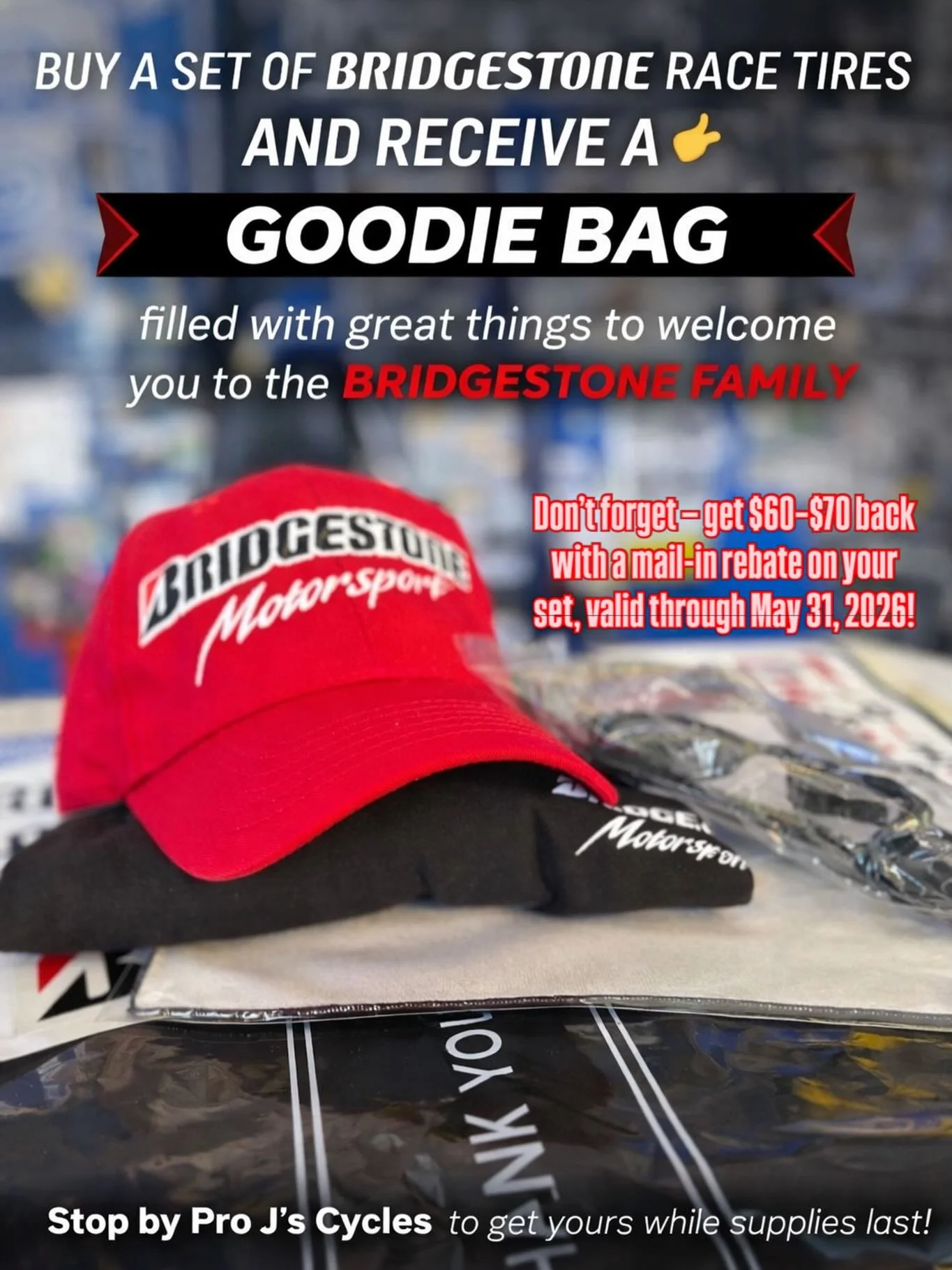 Ride with the Best. Get Rewarded. 🔥😍

Purchase a set of Bridgestone Race Tires and receive an exclusive goodie bag packed with awesome gear to welcome you into the Bridgestone Family 🏁

From the track to the paddock &mdash; we&rsquo;ve got you cov