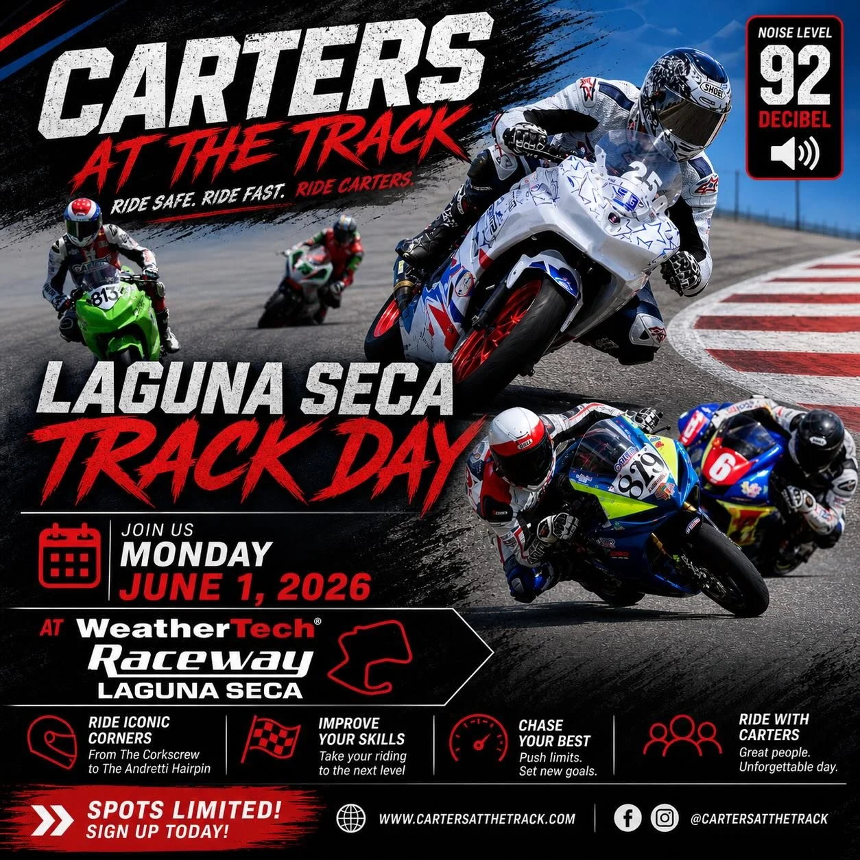🔥 LAGUNA SECA IS CALLING 🔥

Join us Monday, June 1st, 2026 at the legendary WeatherTech Raceway Laguna Seca for an unforgettable track day experience 🏁

From the iconic Corkscrew to full-throttle straights, this is your chance to ride one of the m
