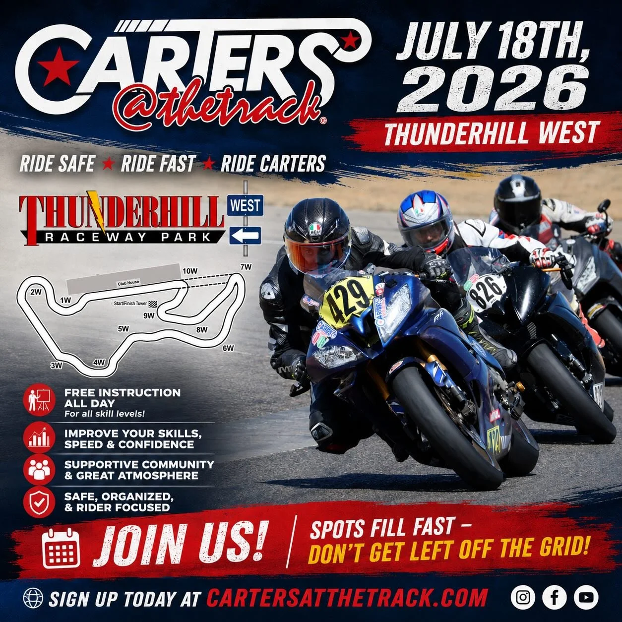 🔥 THUNDERHILL WEST IS CALLING! 🔥

Get ready to attack one of the most exciting layouts in Northern California with Carters At The Track on Saturday, July 18th, 2026 and Sunday, July 19th, 2026 at Thunderhill West! 🏁

Whether you&rsquo;re a first-t