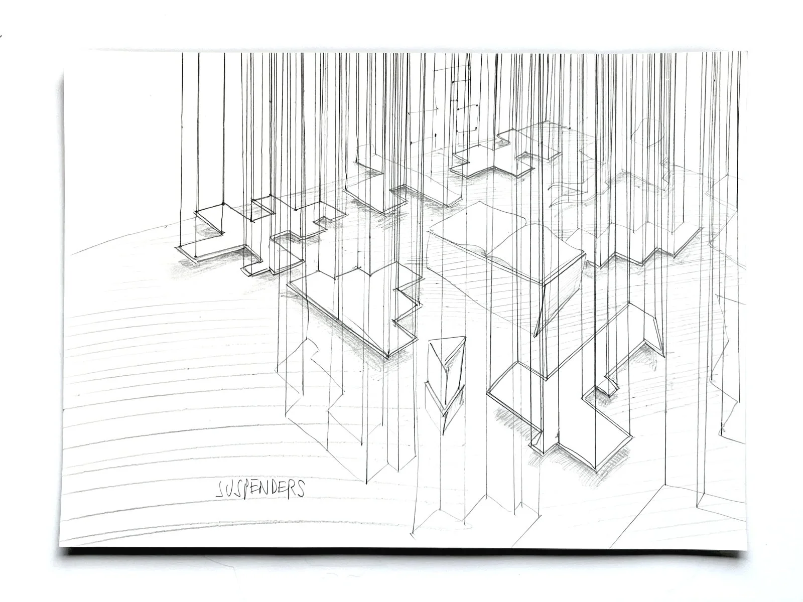 Architectural sketch of the 'Hopscotch' project as a suspended installation.