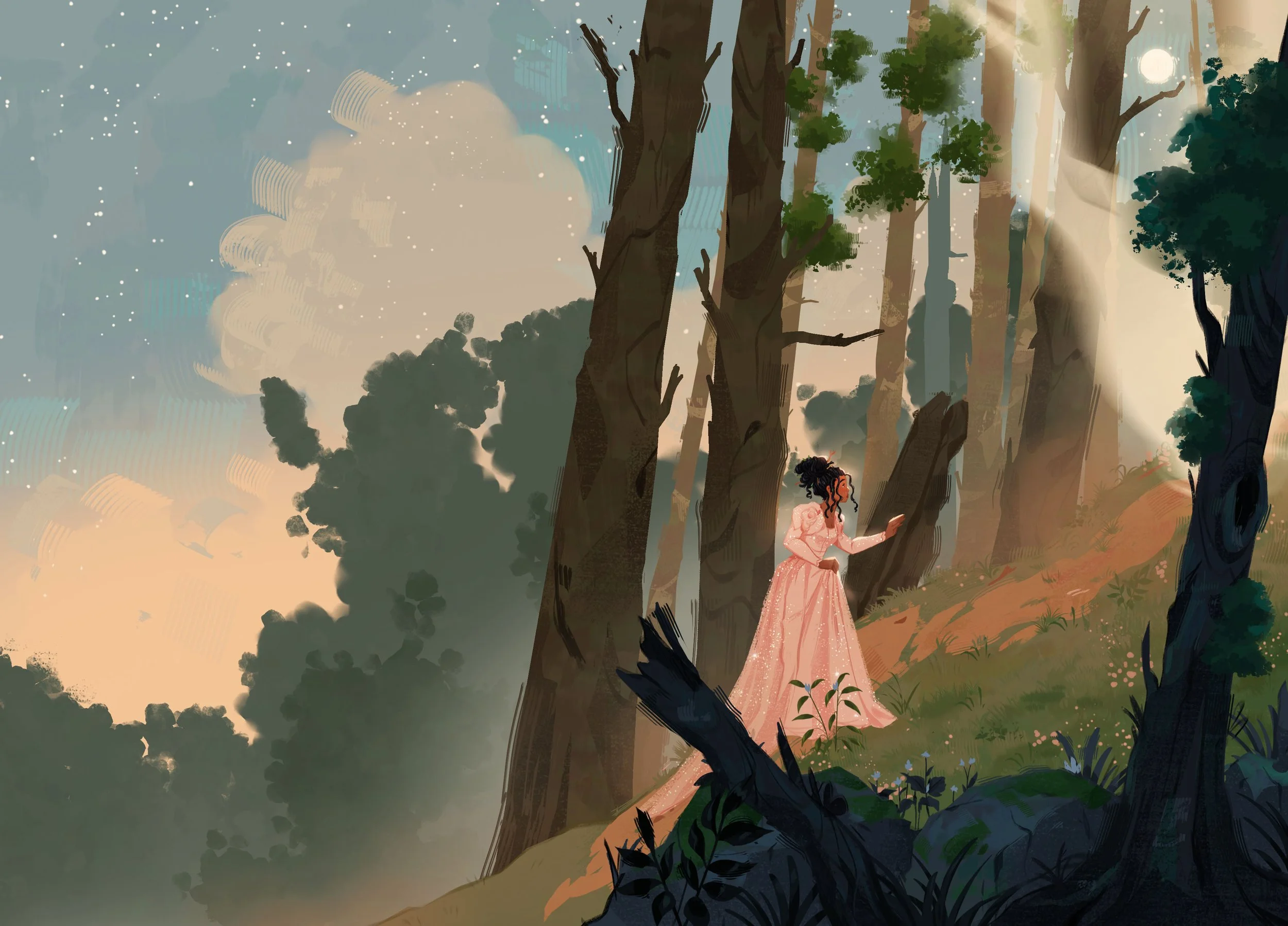 Protagonist walking through a forest in a beautiful gown