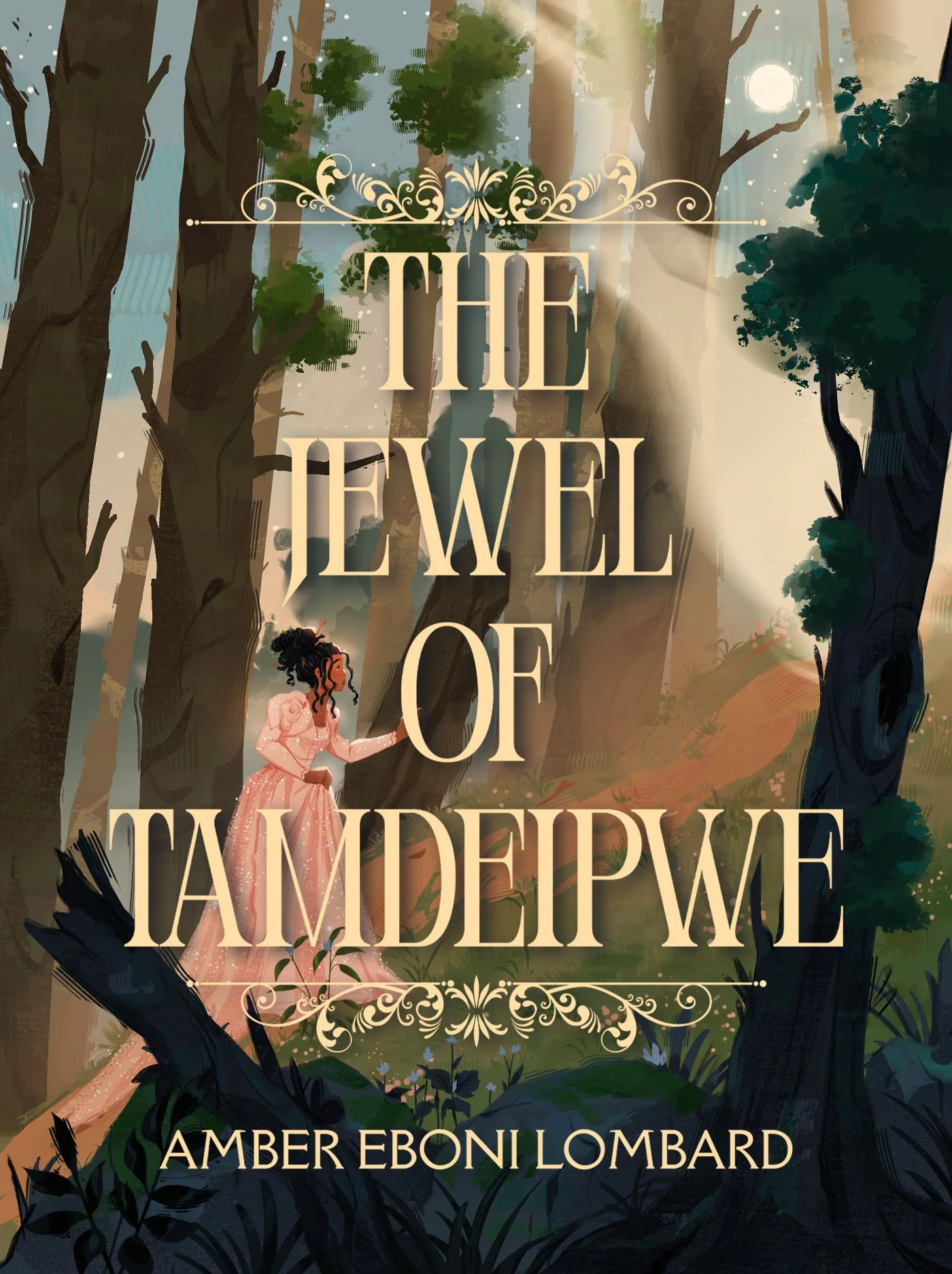 The Jewel of Tamdeipwe’s Front Cover Artwork showing the protagonist walking through a forest in a beautiful gown
