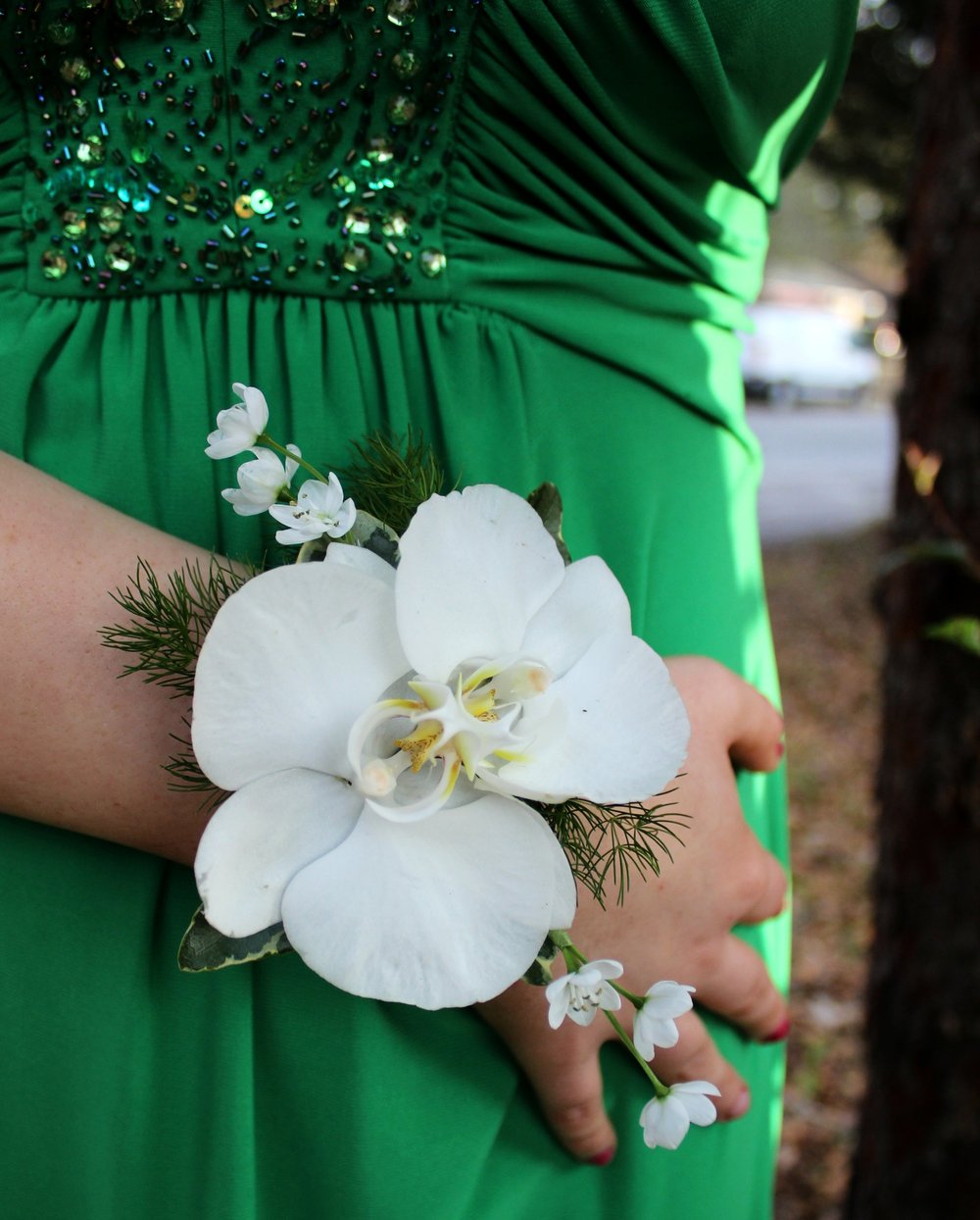 slim fit dress slacks Everlasting flowers white & green corsage main image 0