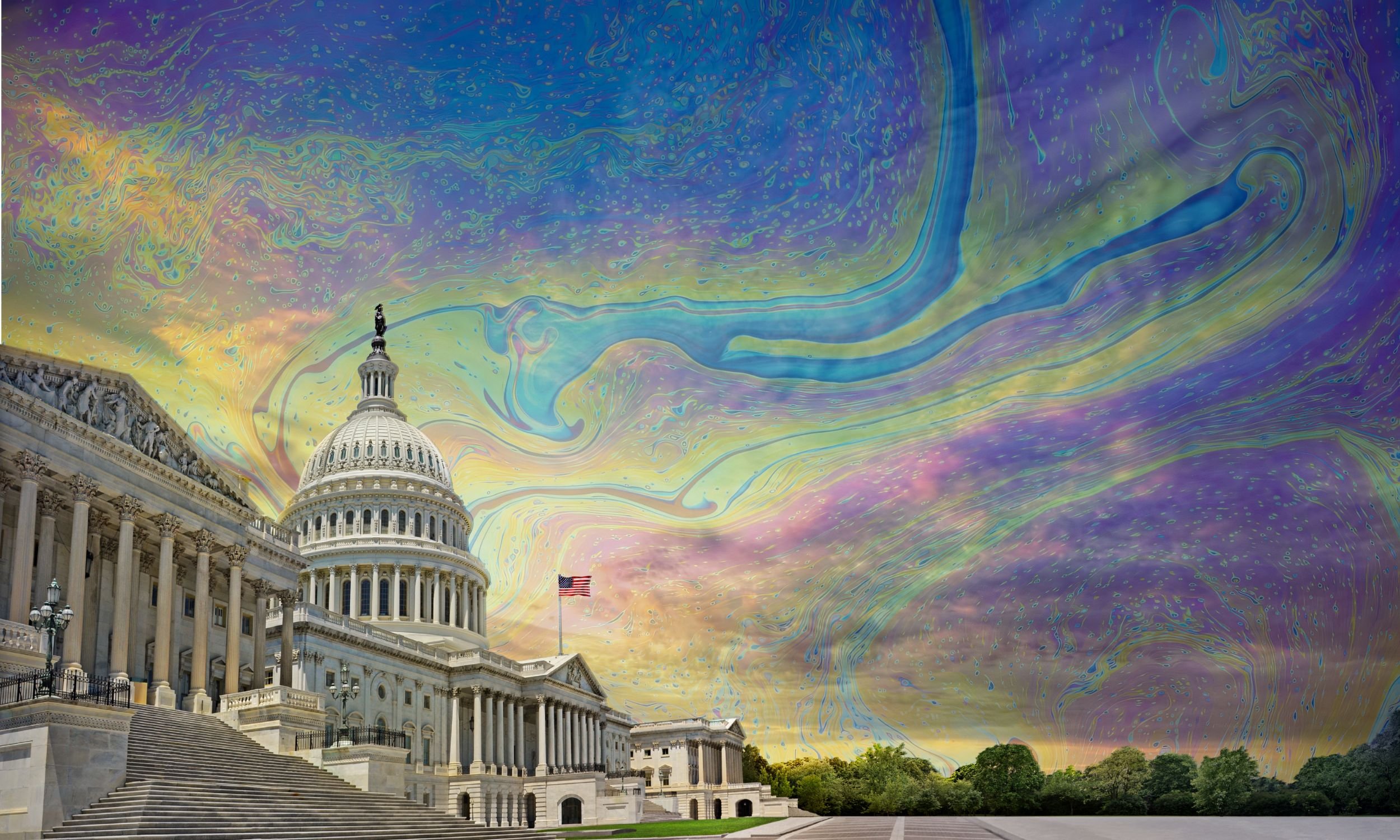 US Capitol building with swirling psychedelic sky representing executive order to fast-track psychedelic therapy research