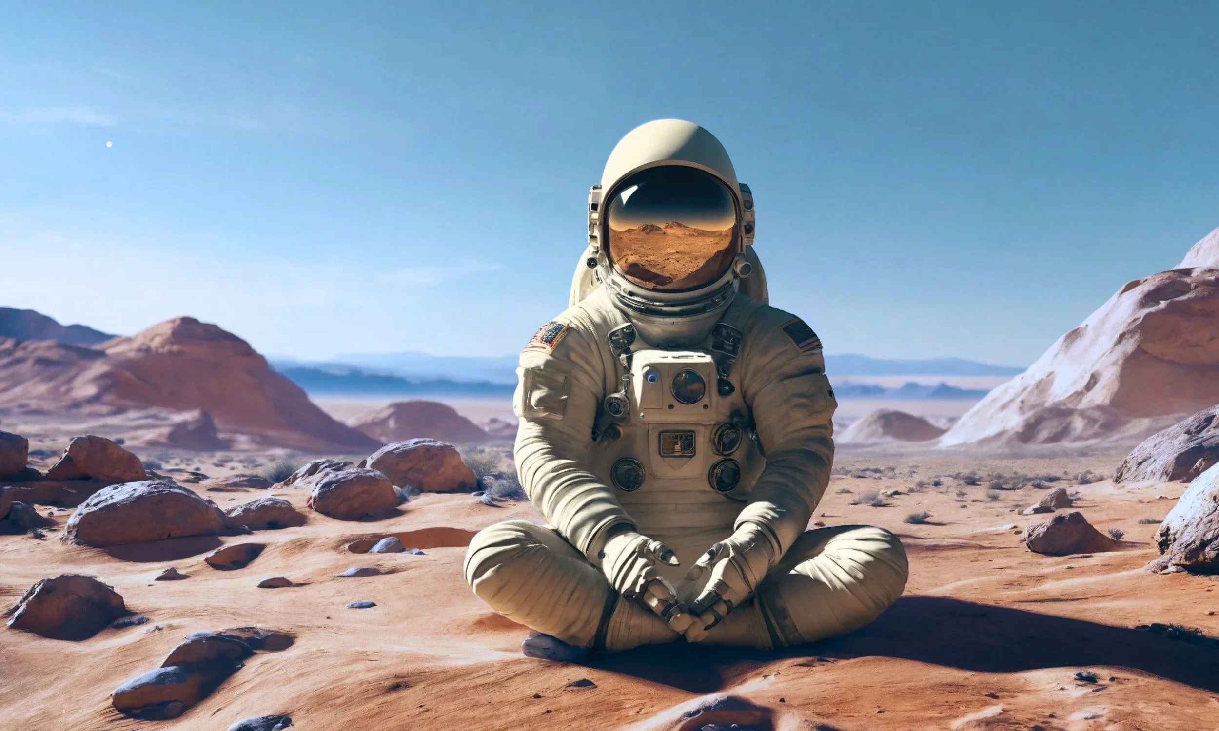 An astronaut in a white suit sits cross-legged with their helmet visor reflecting a Martian landscape.
