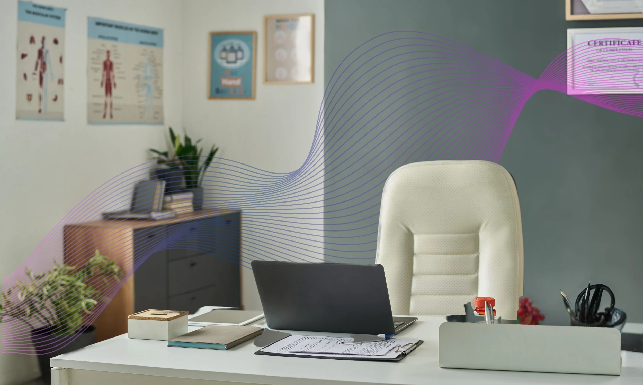 A doctor's office with anatomical charts on the wall, a desk with a laptop and medical supplies, and a plush chair.