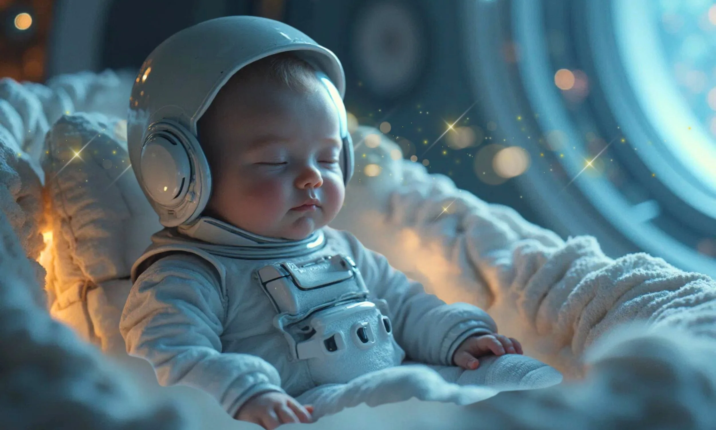 a baby in an astronaut suit sleeping in a cradle