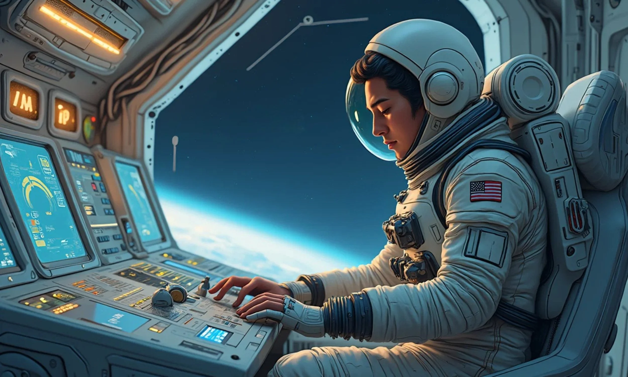 astronaut working on computer in space