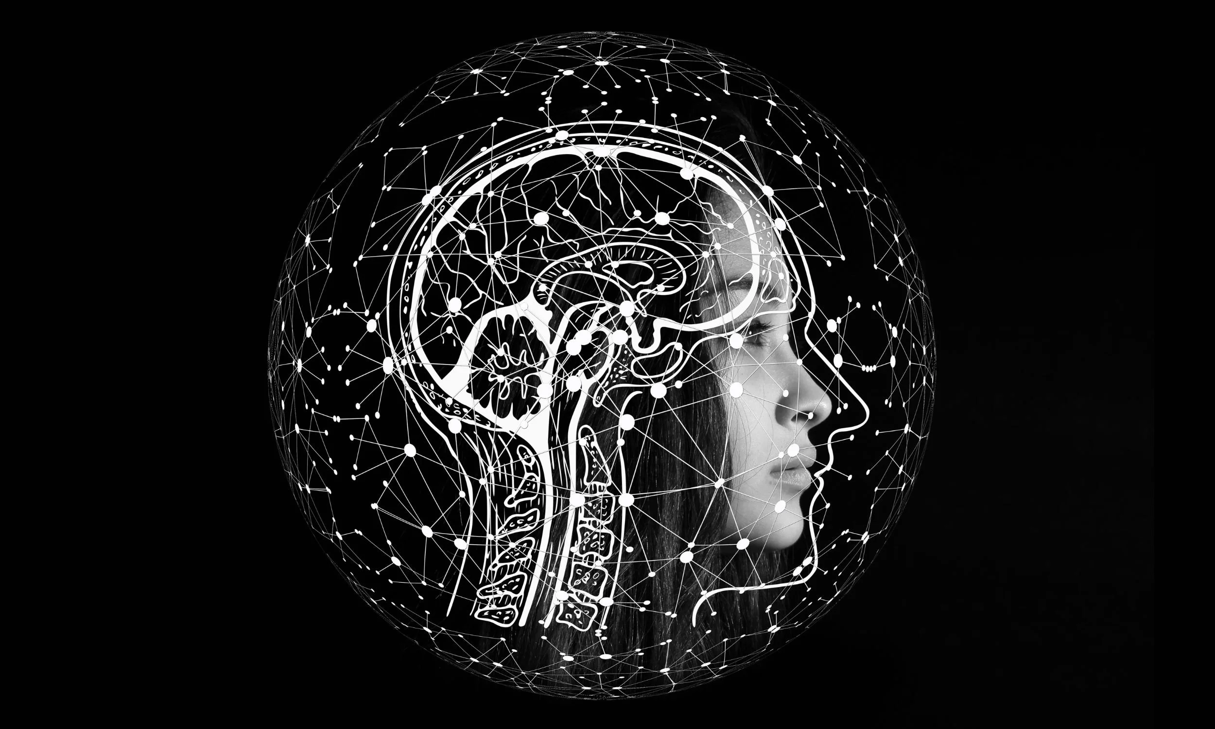 A black and white illustration of a human head profile with a network of connections overlaying the brain and skull structure, superimposed on a dark background.