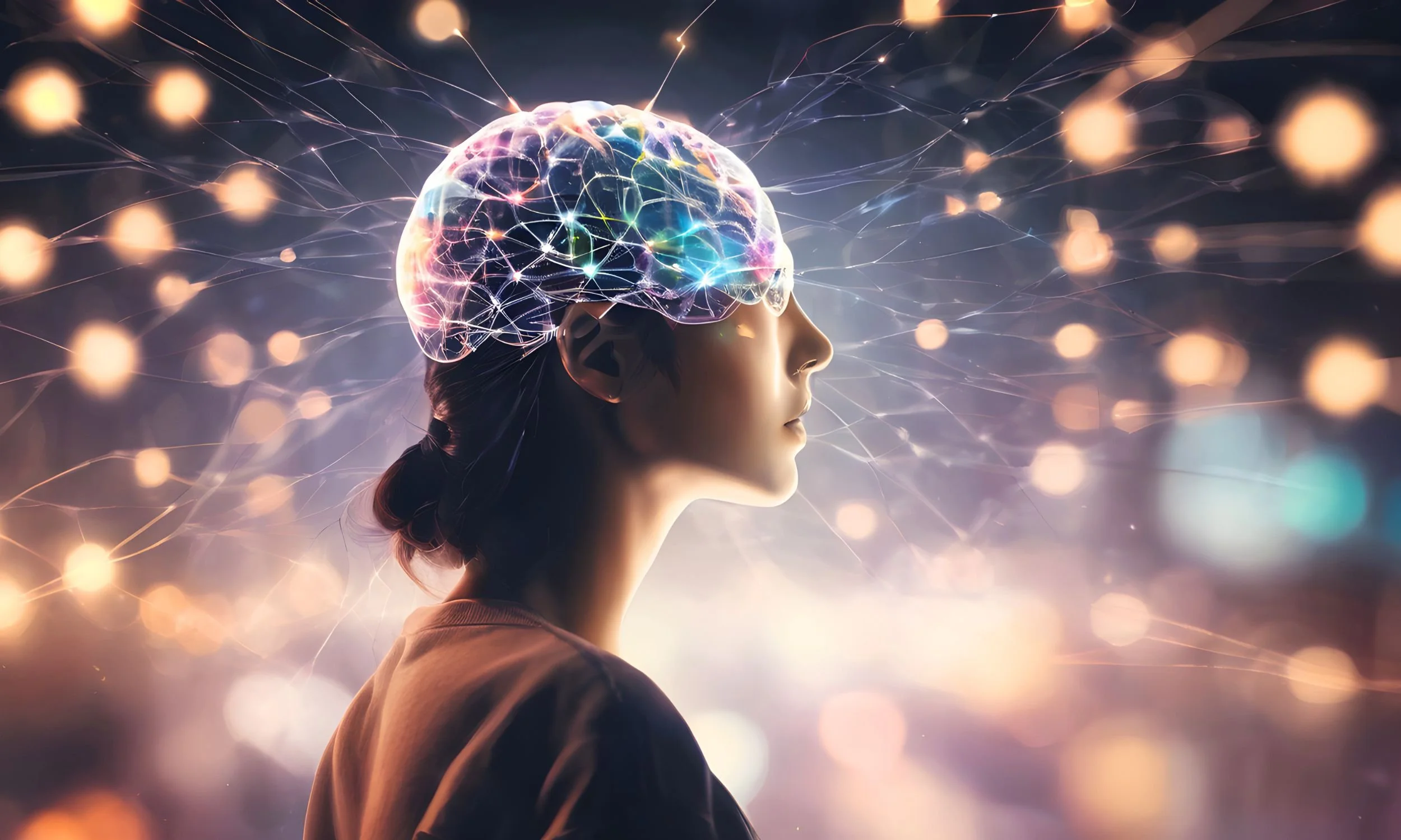A profile view of a person with a glowing, interconnected network overlaying their head, symbolizing thought or neural activity, set against a bokeh background of lights.