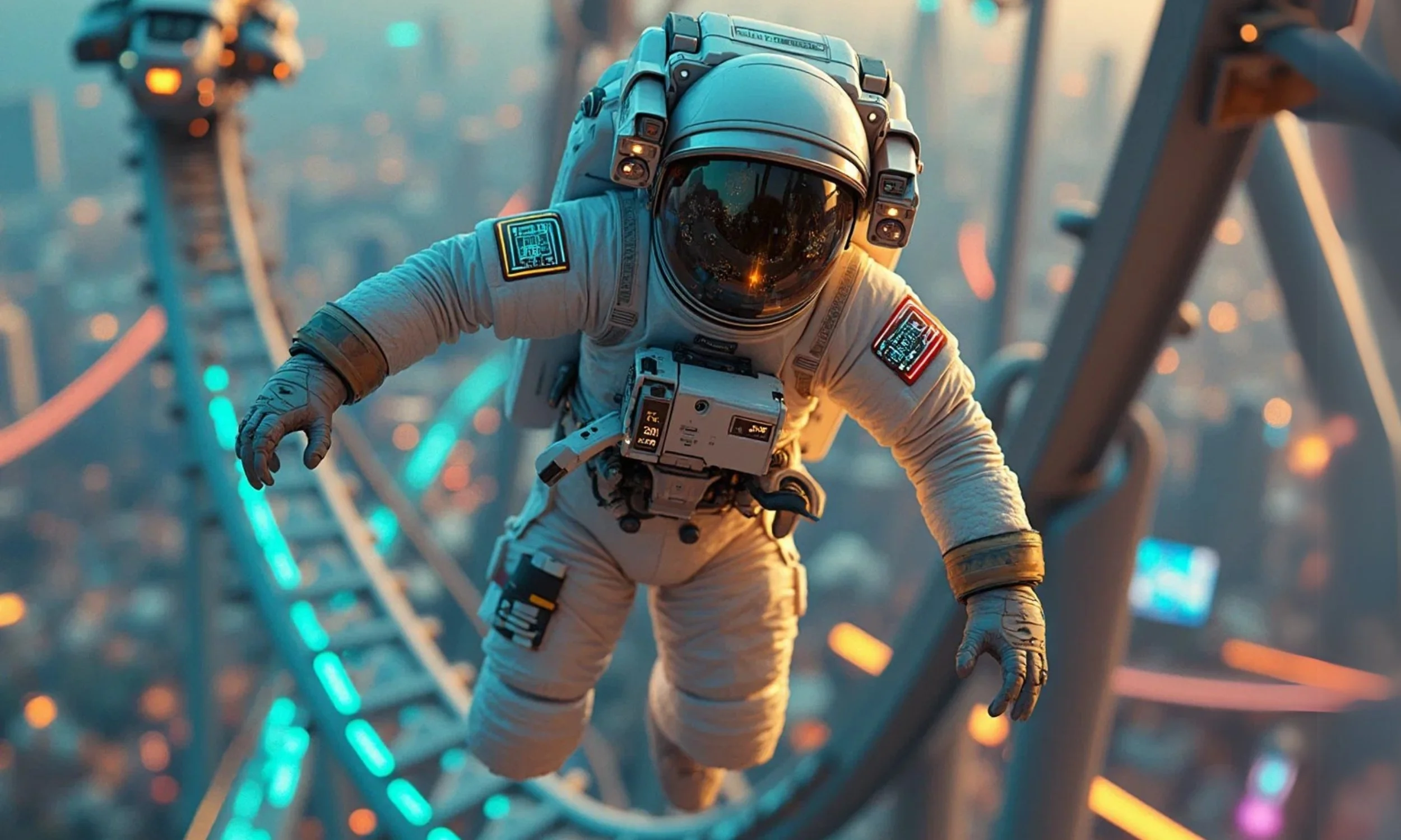 astronaut floating in the air, with a roller coaster track in background