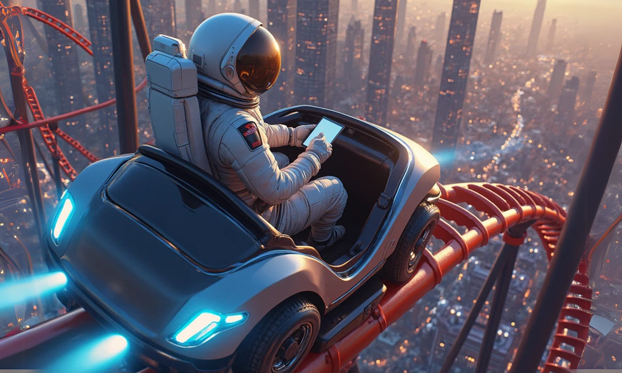 astronaut on a roller coaster with tablet in hand, cityscape in background