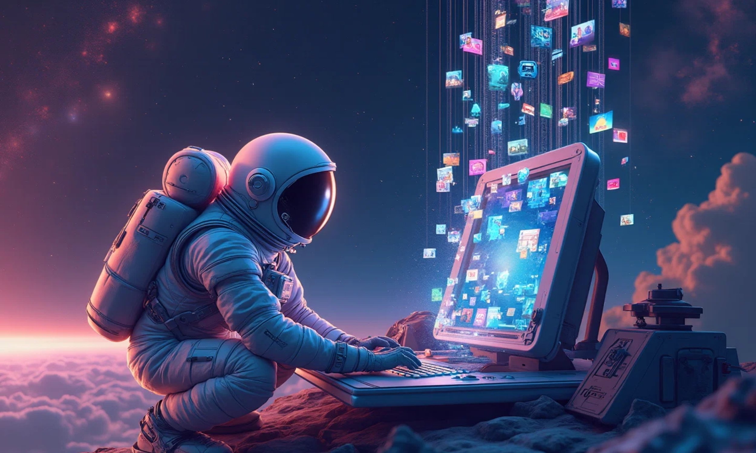 Astronaut using futuristic computer with colorful digital content streaming from screen in cosmic landscape