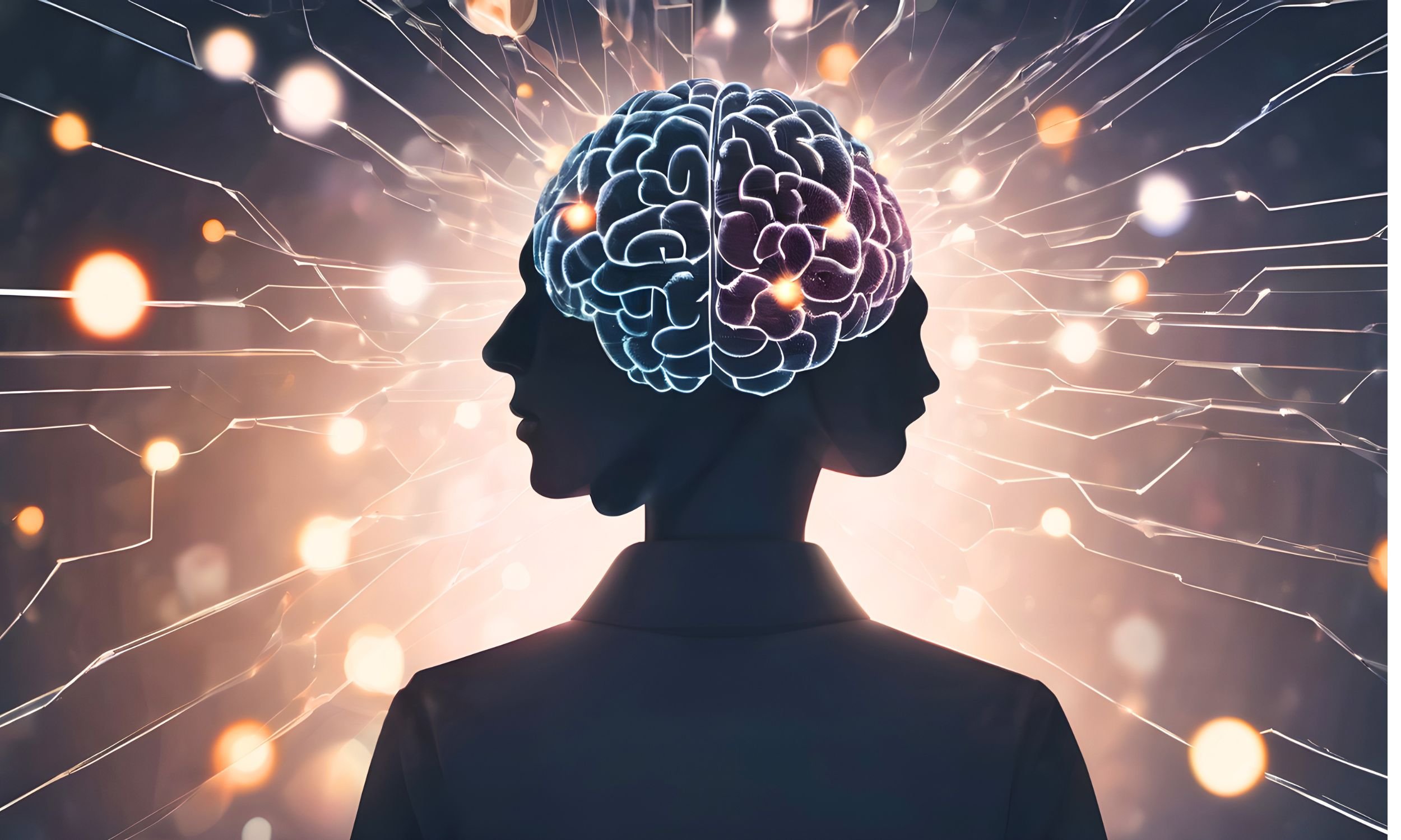 A stylized silhouette of a head with a glowing, intricate brain inside, surrounded by abstract lines and lights suggesting neural connections or data flow.