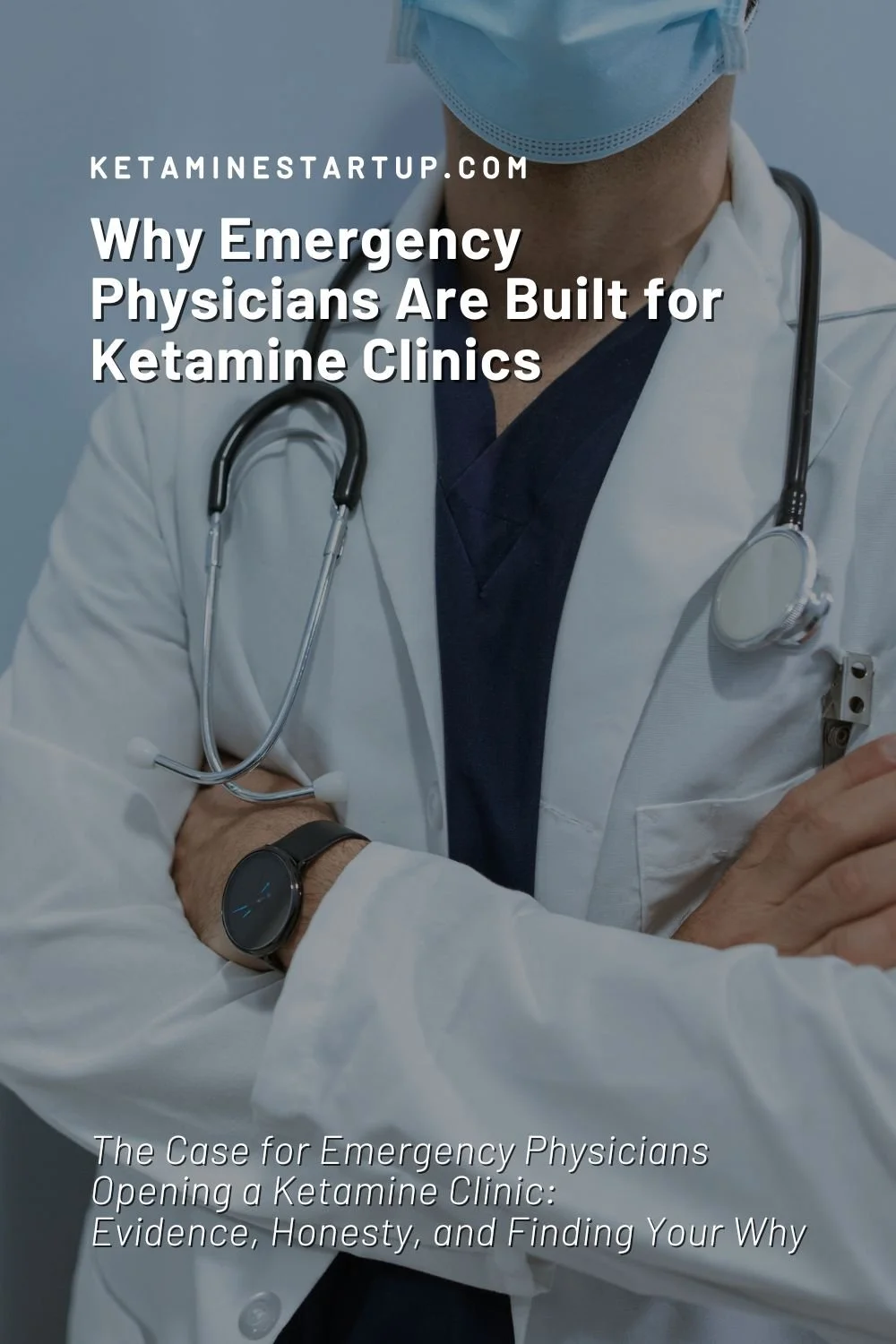 Blog post cover for "Why Emergency Physicians Are Built for Ketamine Clinics" featuring a masked physician in a white coat with arms crossed and stethoscope.