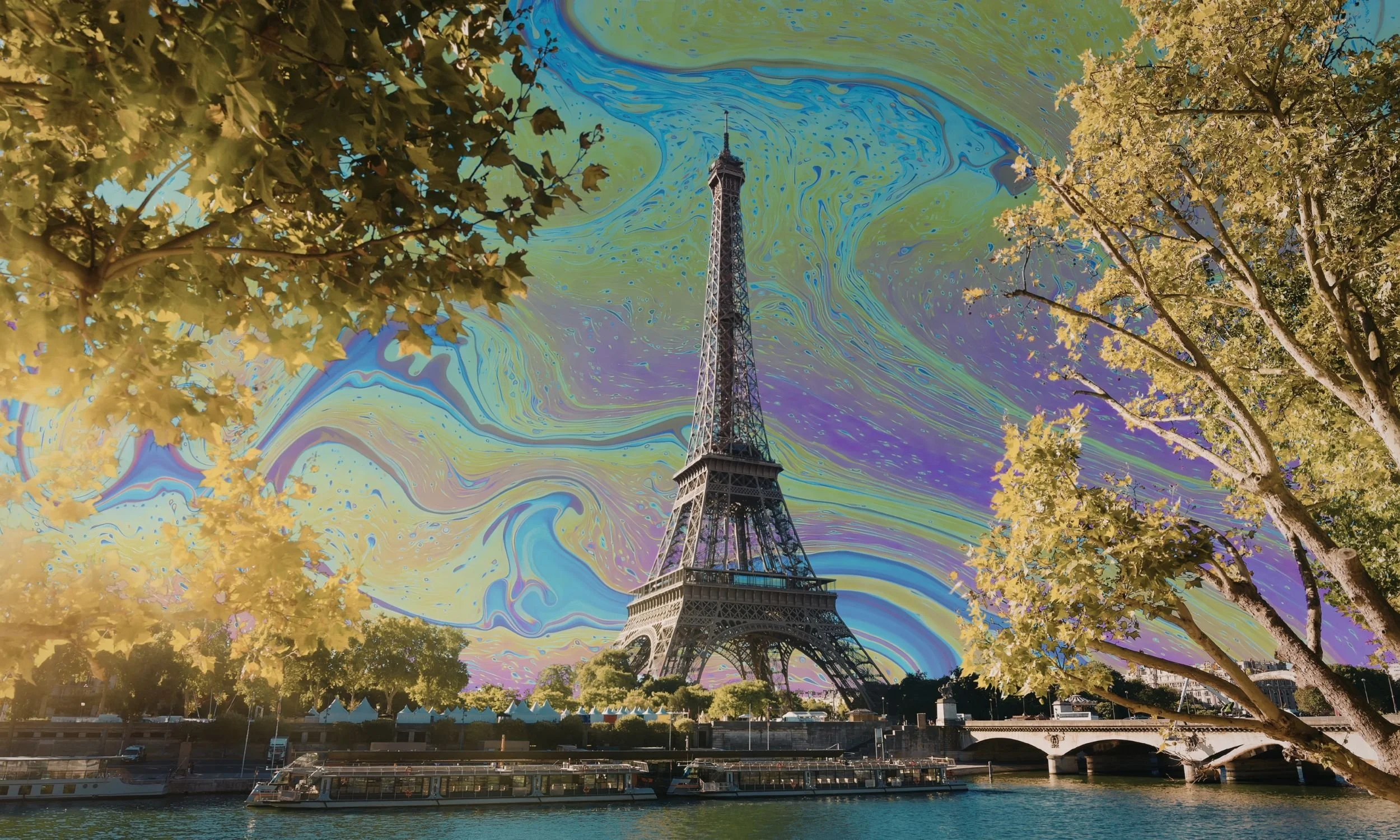 Eiffel Tower with swirling psychedelic sky representing France's authorization of IV ketamine therapy for depression