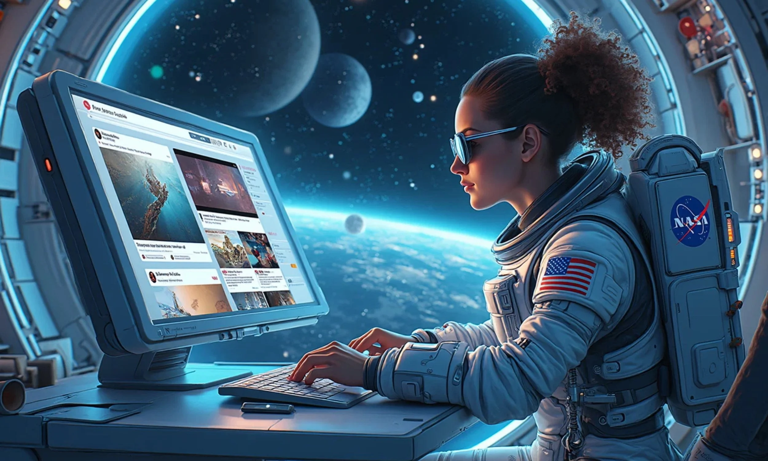 Female astronaut working at computer displaying social media interface inside space station with Earth view