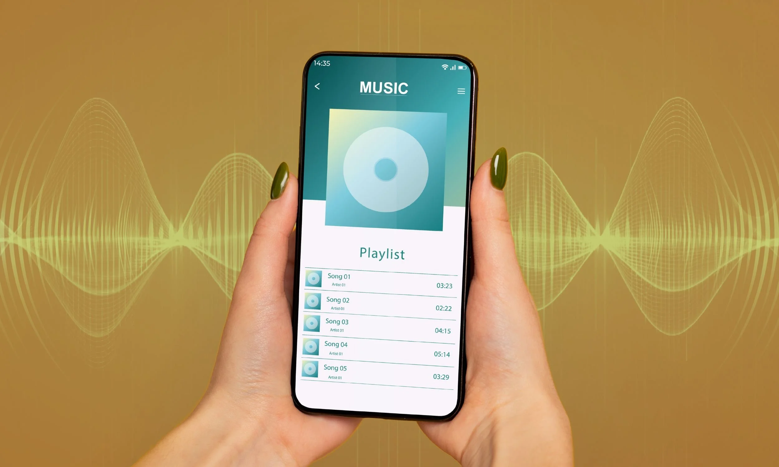 A person holding a smartphone displaying a music playlist with song titles and durations. With a glowing golden sound wave graphic against a mustard yellow background.