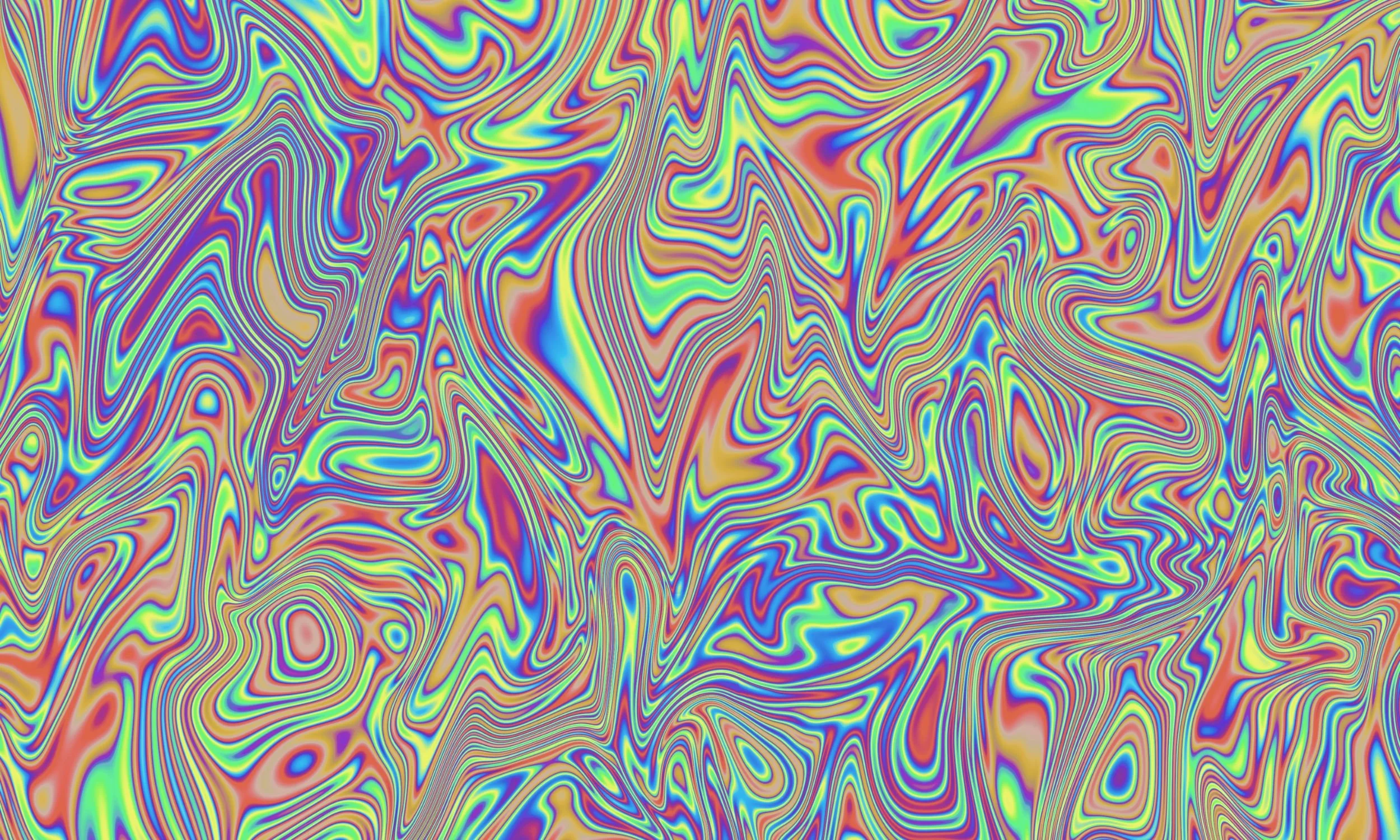An abstract, psychedelic pattern with swirling waves of vibrant colors including red, blue, yellow, and green.