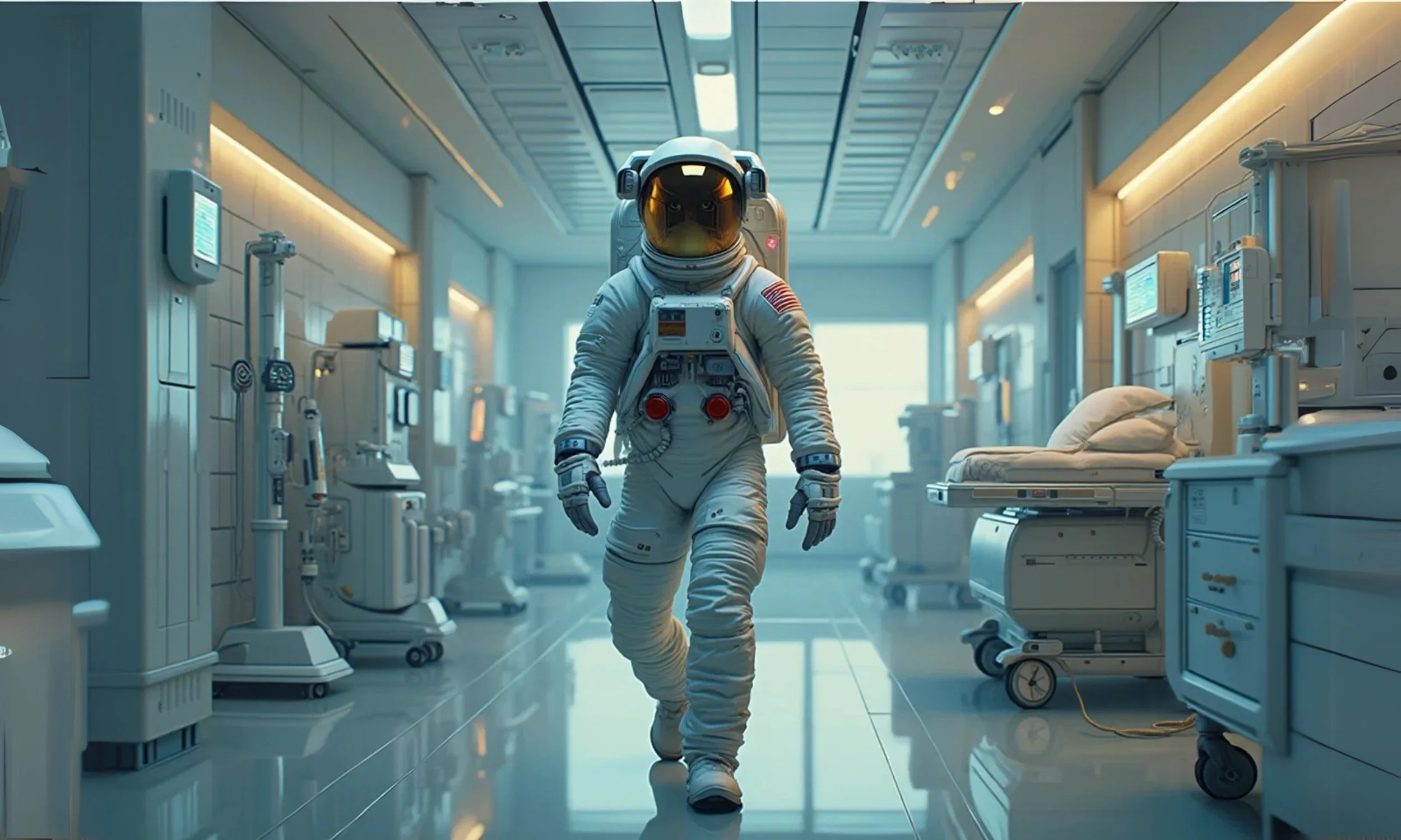 an astronaut walking down a hallway in a hospital