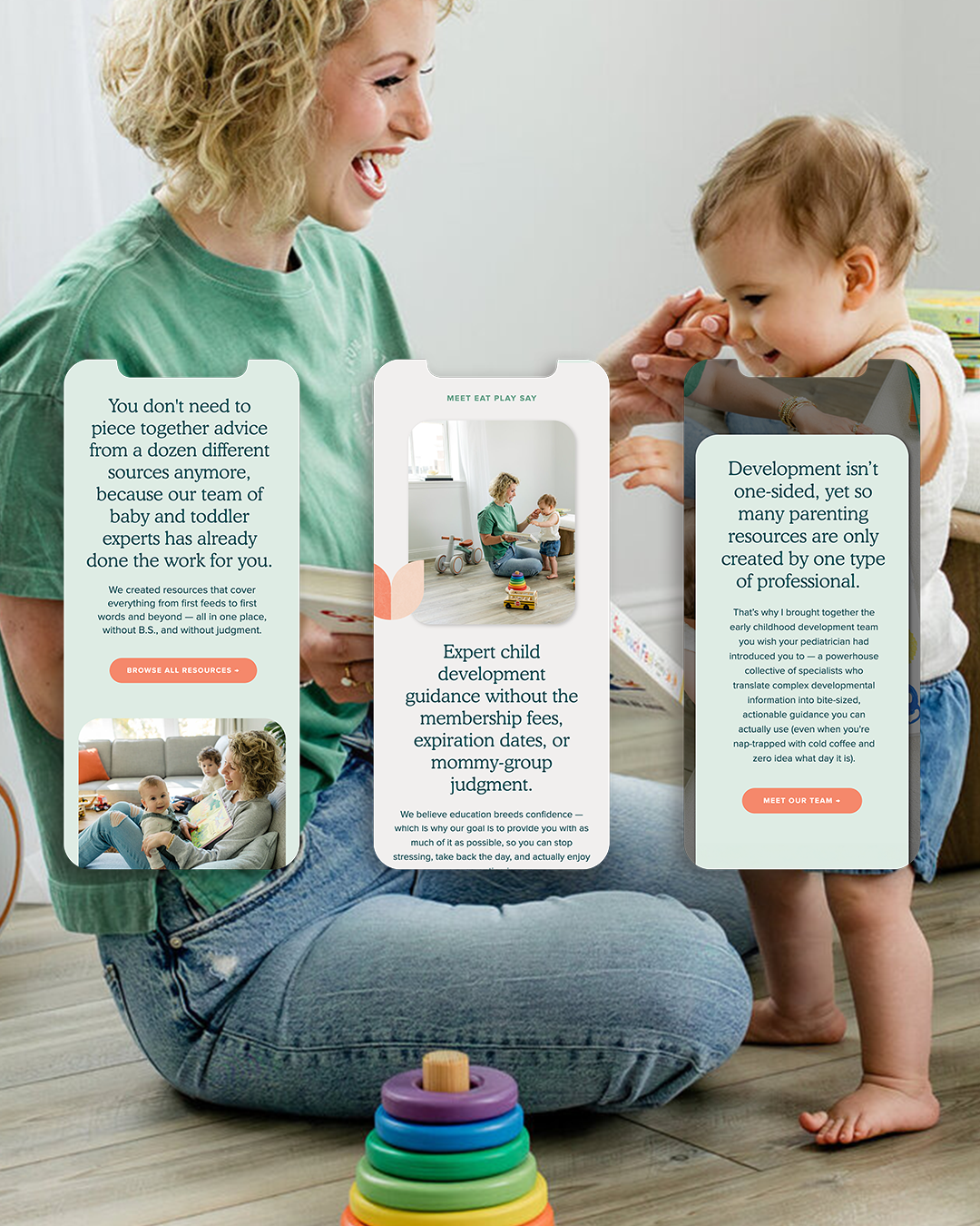 Eat Play Say website section showcasing parenting topics from feeding to first words, designed for easy access to expert resources.