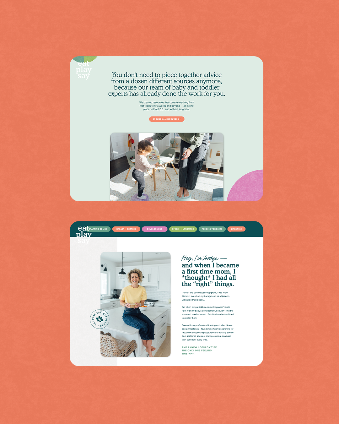 Eat Play Say website section showcasing parenting topics from feeding to first words, designed for easy access to expert resources.