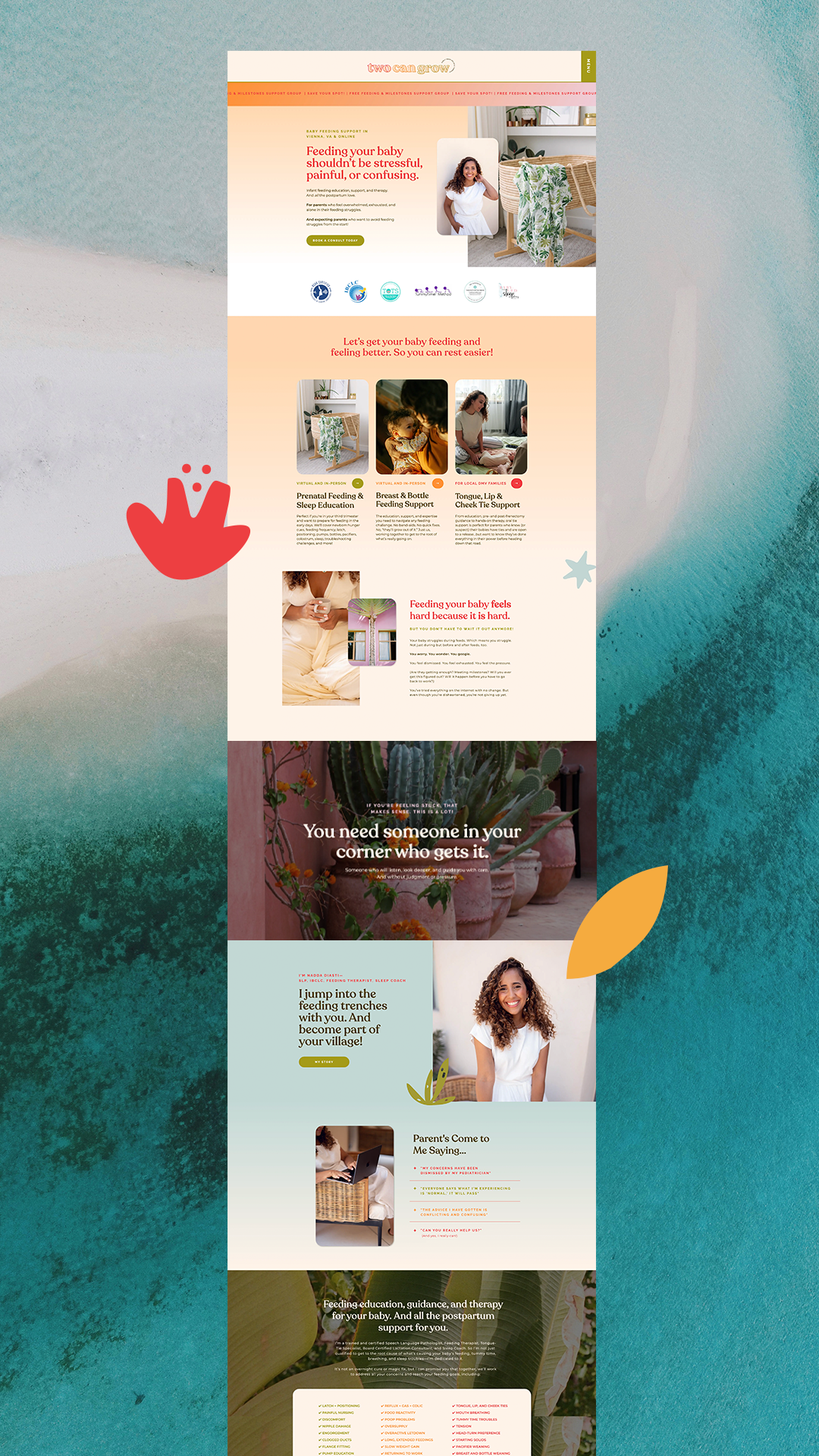 Custom Showit website homepage for pediatric feeding therapist with colorful branding and modern layout.