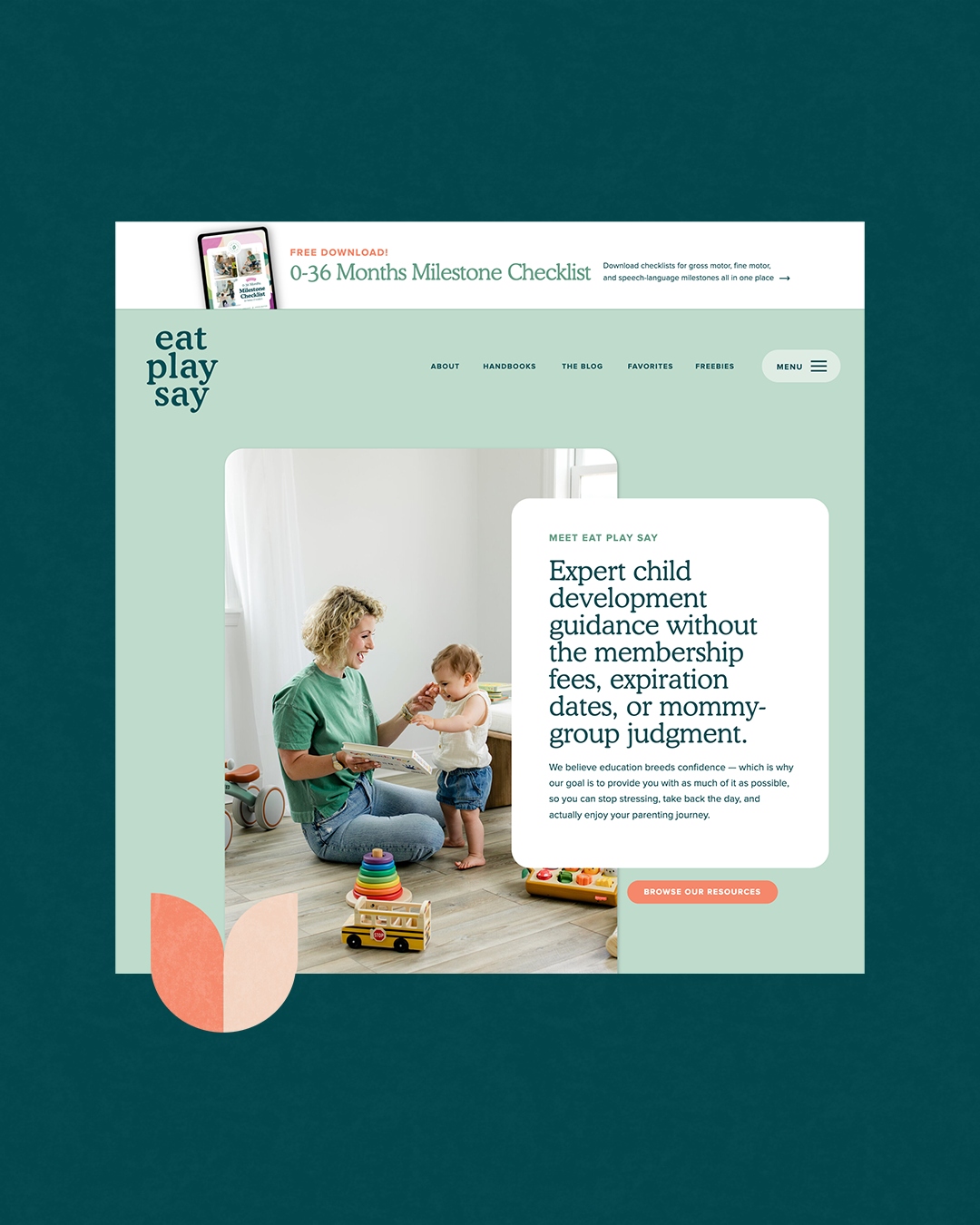 Eat Play Say website section showcasing parenting topics from feeding to first words, designed for easy access to expert resources.