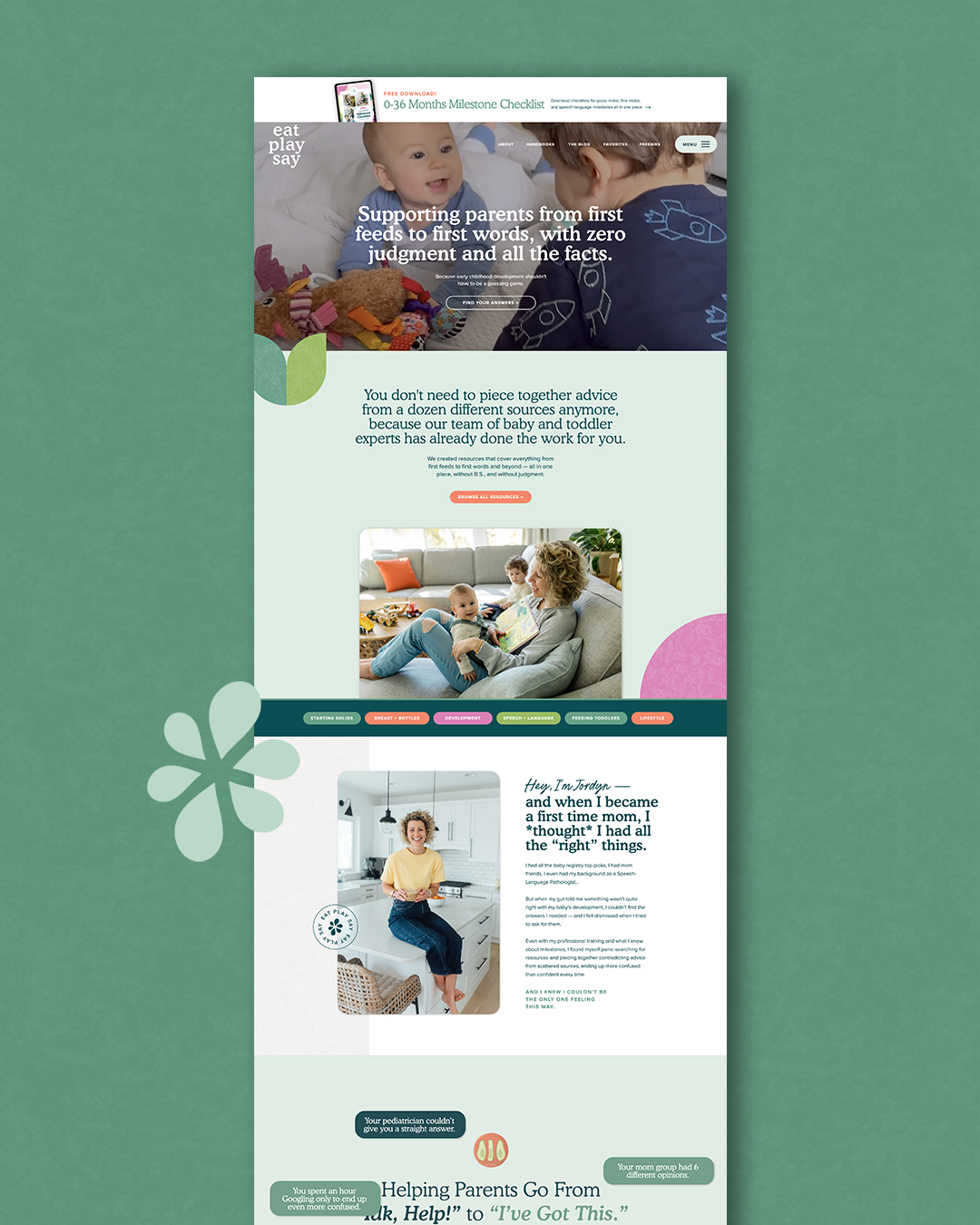 Eat Play Say website section showcasing parenting topics from feeding to first words, designed for easy access to expert resources.
