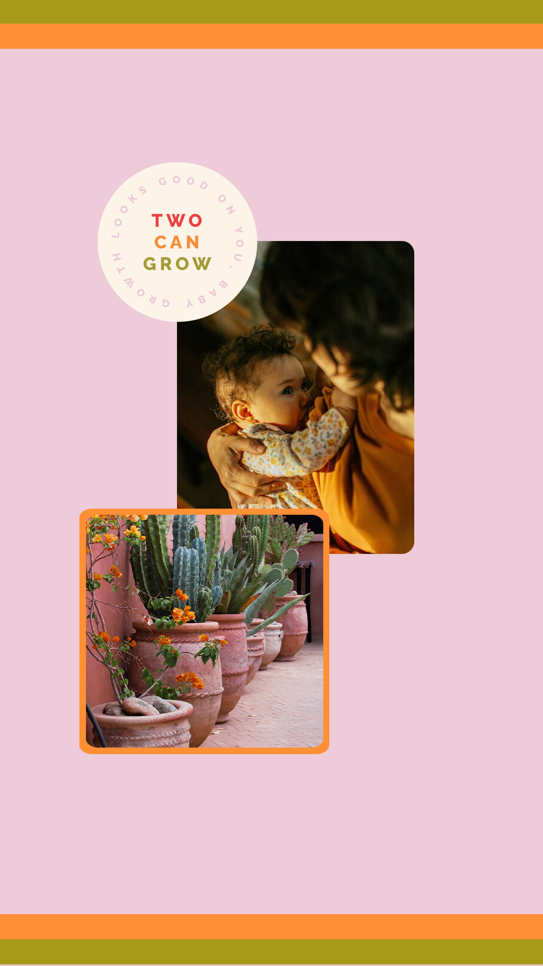 Circular brand badge for Two Can Grow with playful copy and colorful typography.