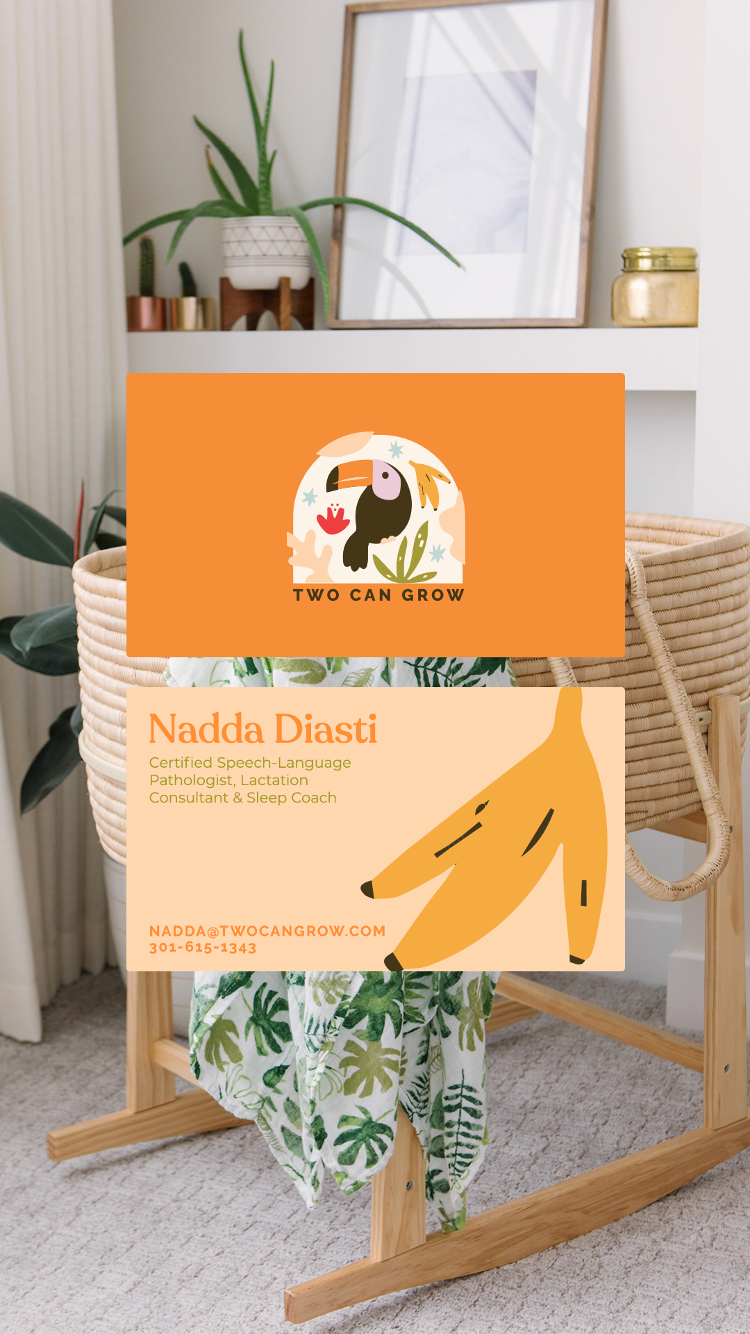 Illustrated toucan graphic representing parent and child connection, used in pediatric brand design.