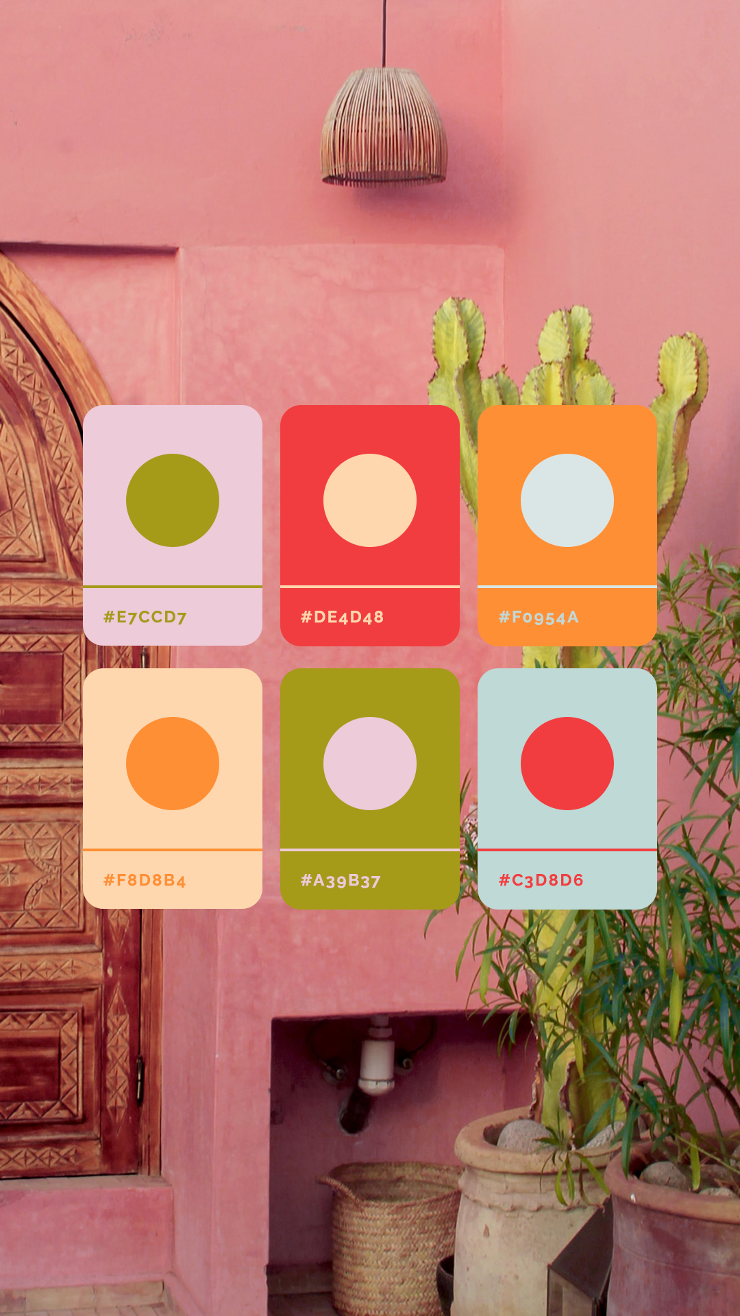 Vibrant Two Can Grow color palette featuring coral, blush, mustard, and olive green shades for a modern pediatric brand.