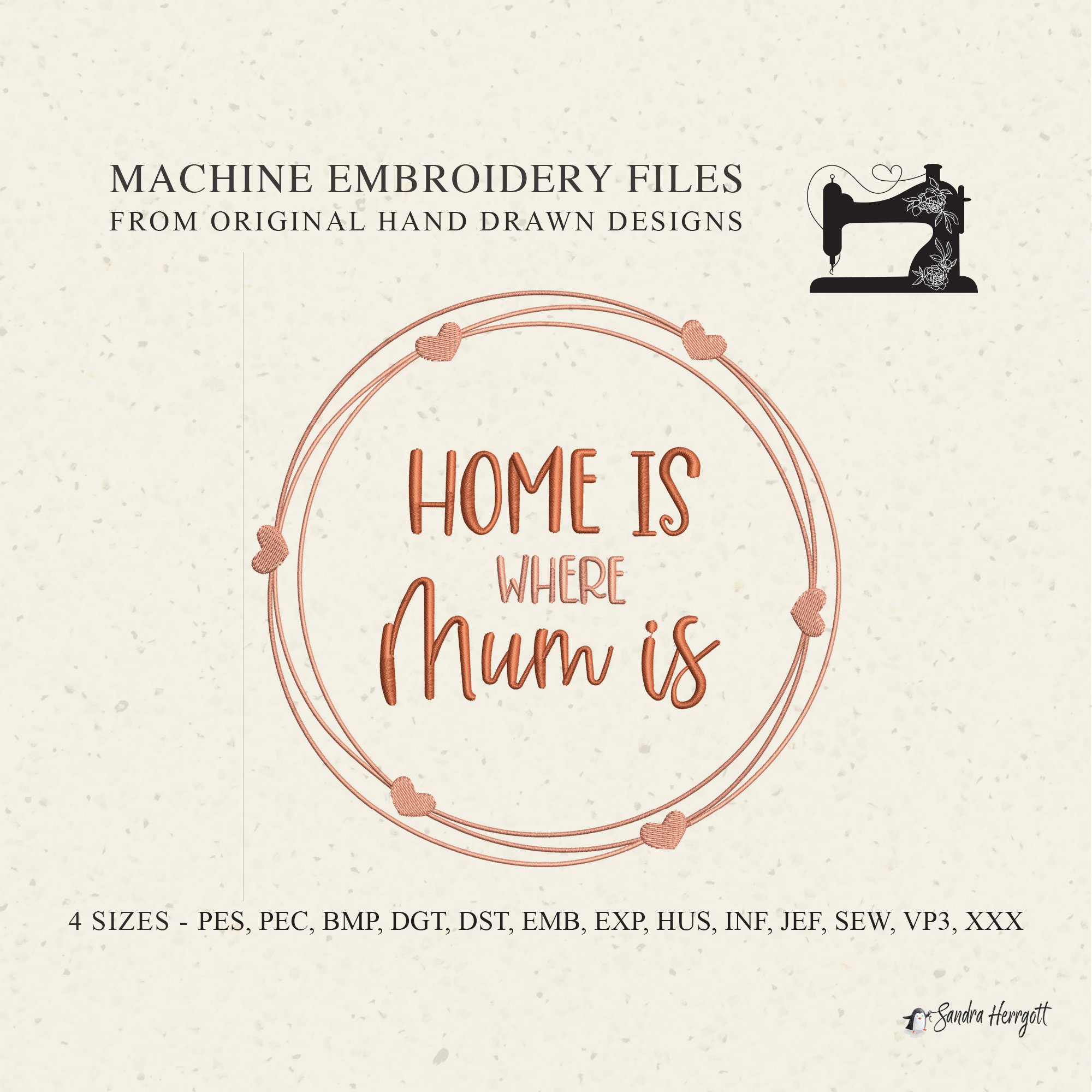 Home is Where Mum is Wreath machine embroidery design pattern file