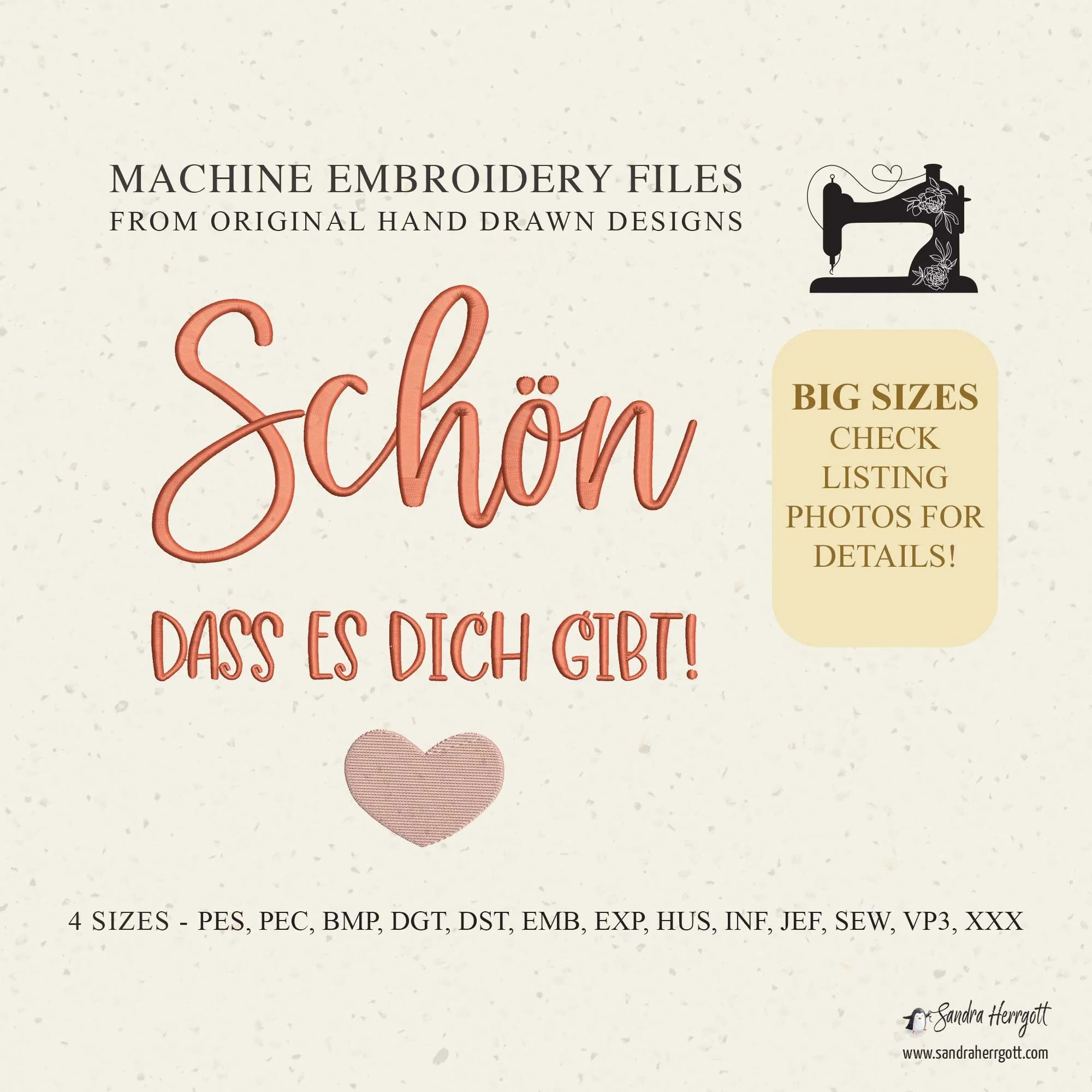 Big Size GERMAN Grateful for you heart machine embroidery design pattern file