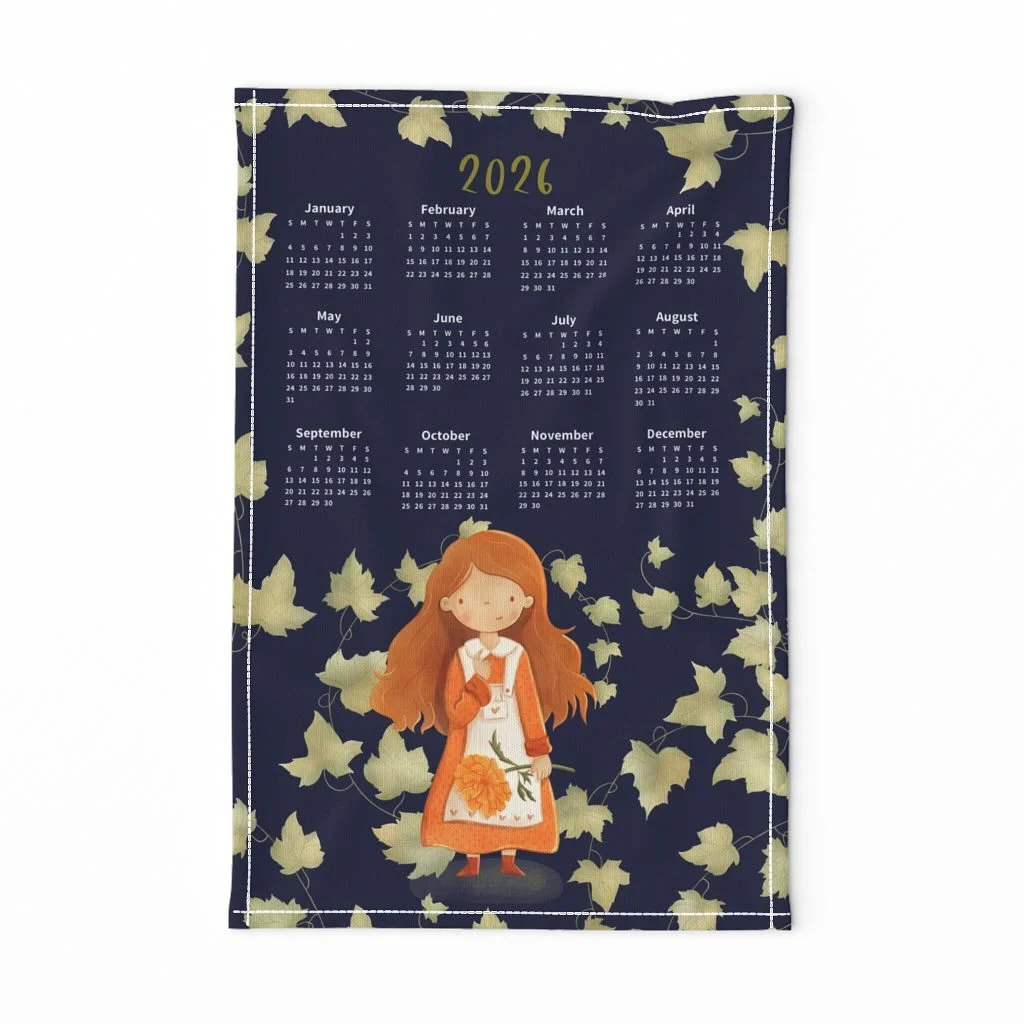 I made a tea towel design with my Marigold flower girl. What do you think? Which color option is your favourite?
.
Sending my love 
Sandra.
.
.
Artwork painted digitally in procreate with a bunch of my own created and bought watercolour and other bru